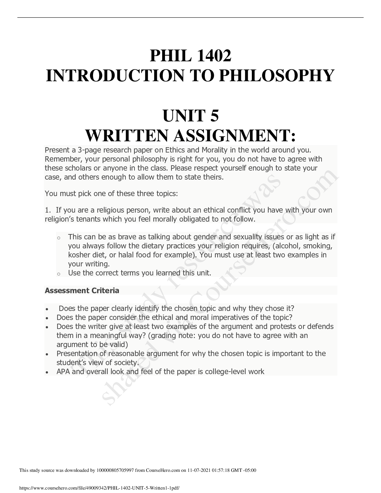 PHIL 1402 INTRODUCTION TO PHILOSOPHY UNIT 5 WRITTEN ASSIGNMENT ...