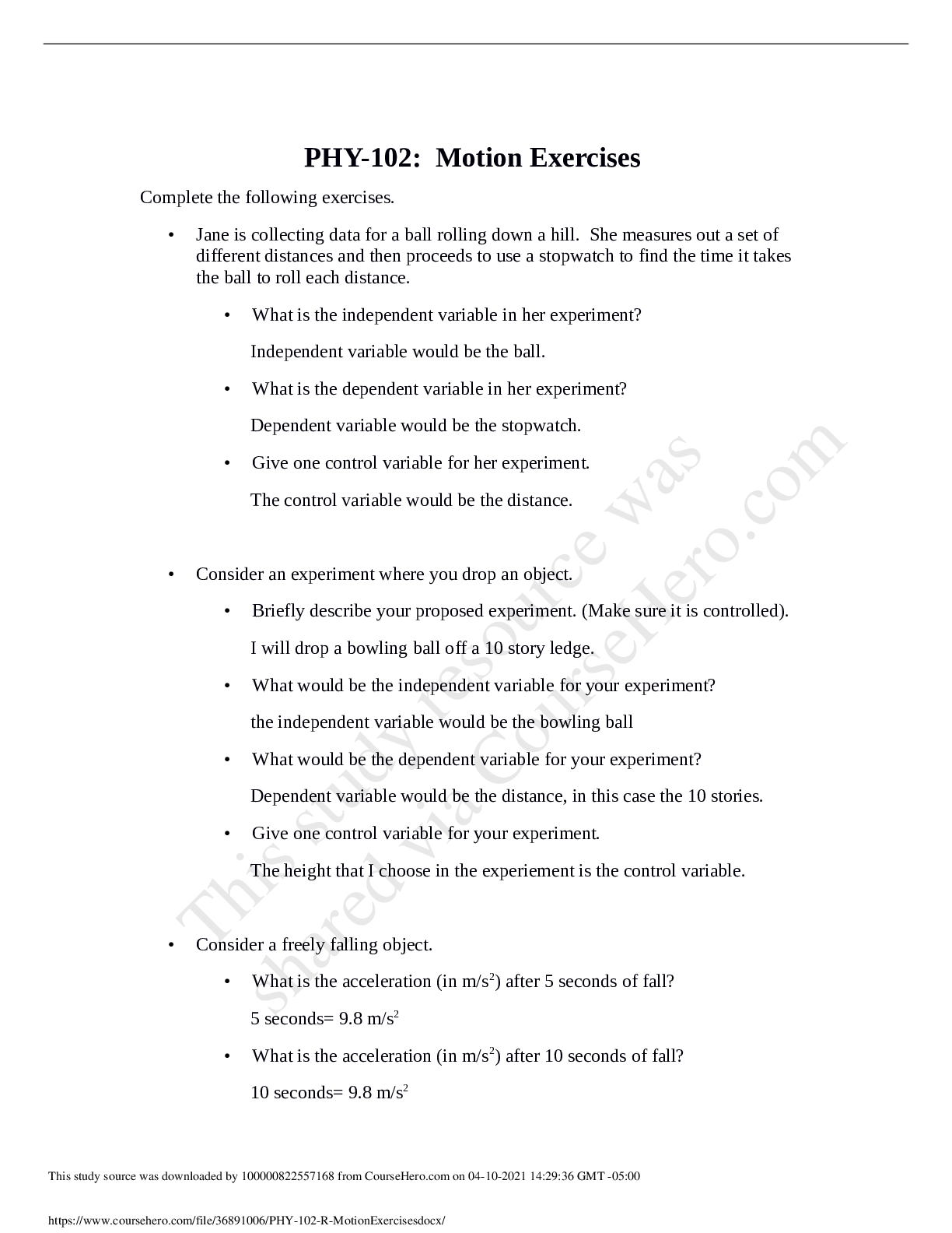 Preview image of PHY-102: Motion Exercises document