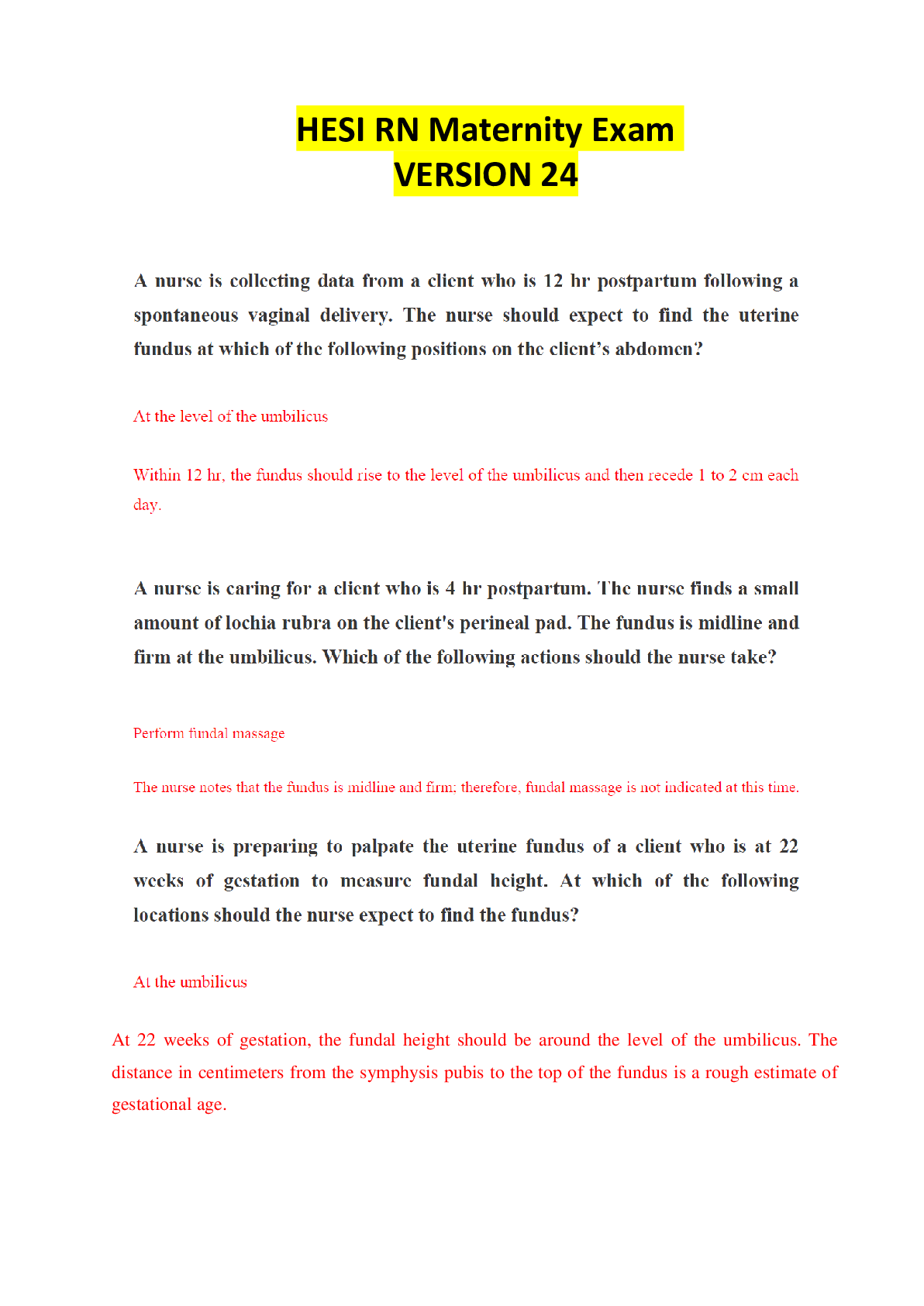 Preview image for HESI RN Maternity Exam Ver. 24 Questions & Answers with Rationale