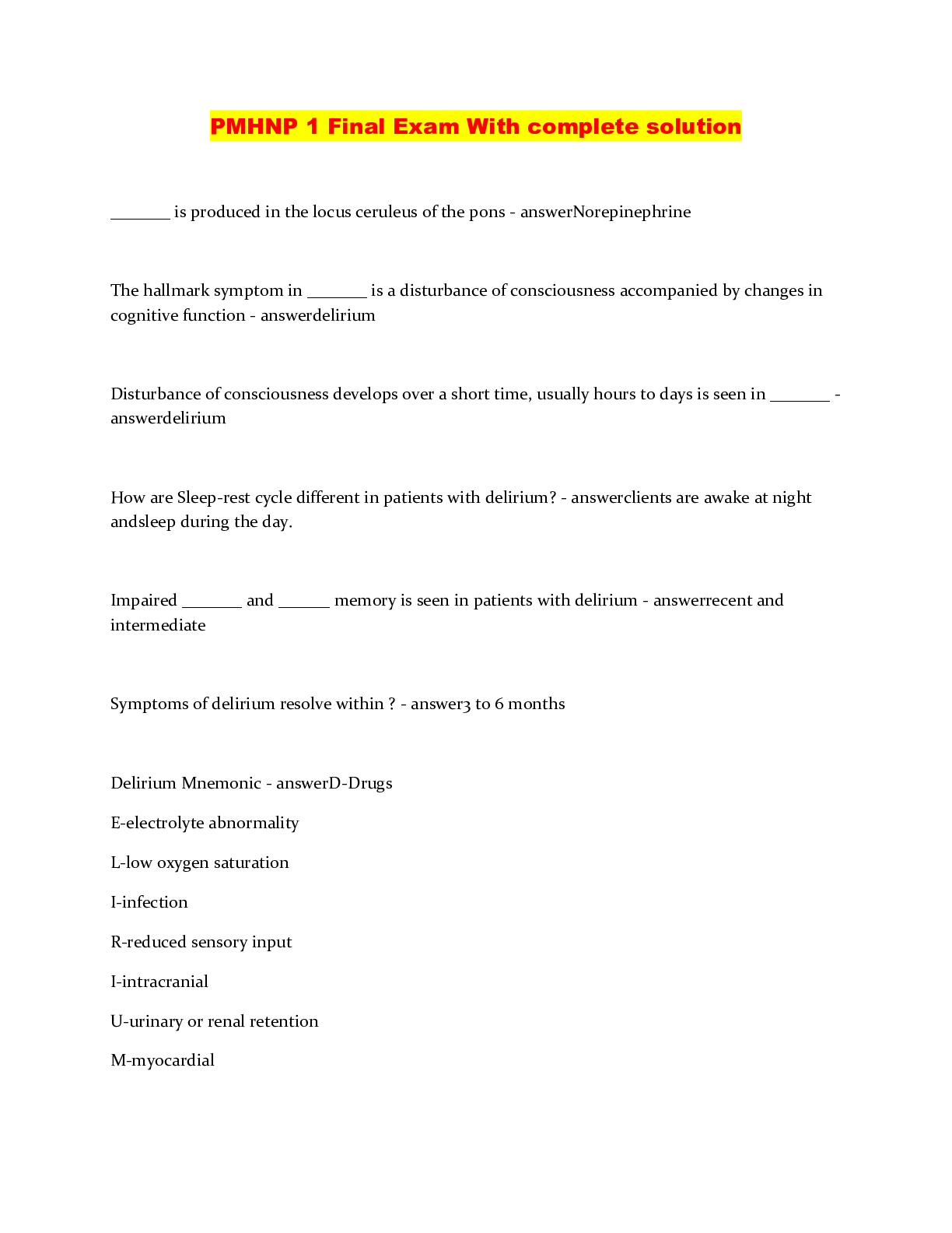 PMHNP 1 Final Exam With complete solution - Scholarfriends