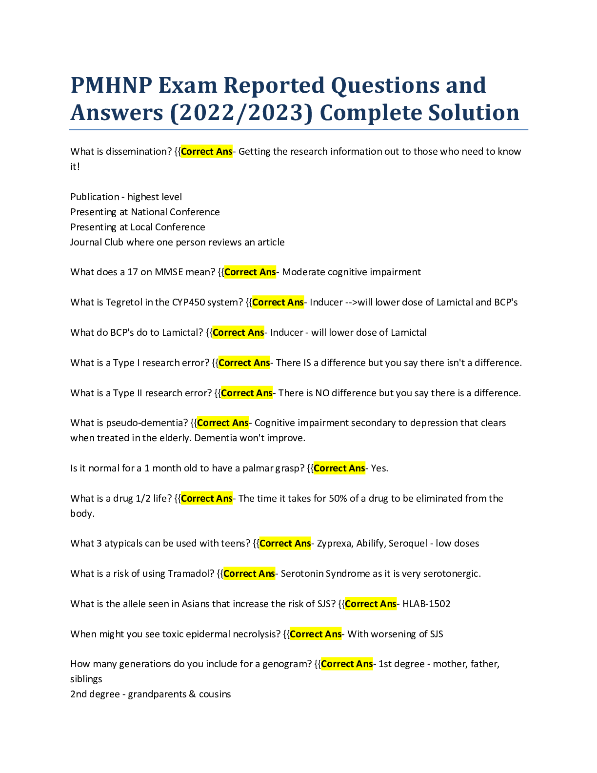 PMHNP Exam Reported Questions and Answers (2022/2023) Complete Solution ...