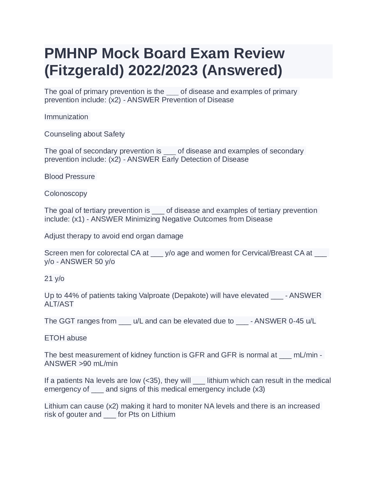Preview image for PMHNP Mock Board Exam Review (Fitzgerald) 2022/2023 (Answered)