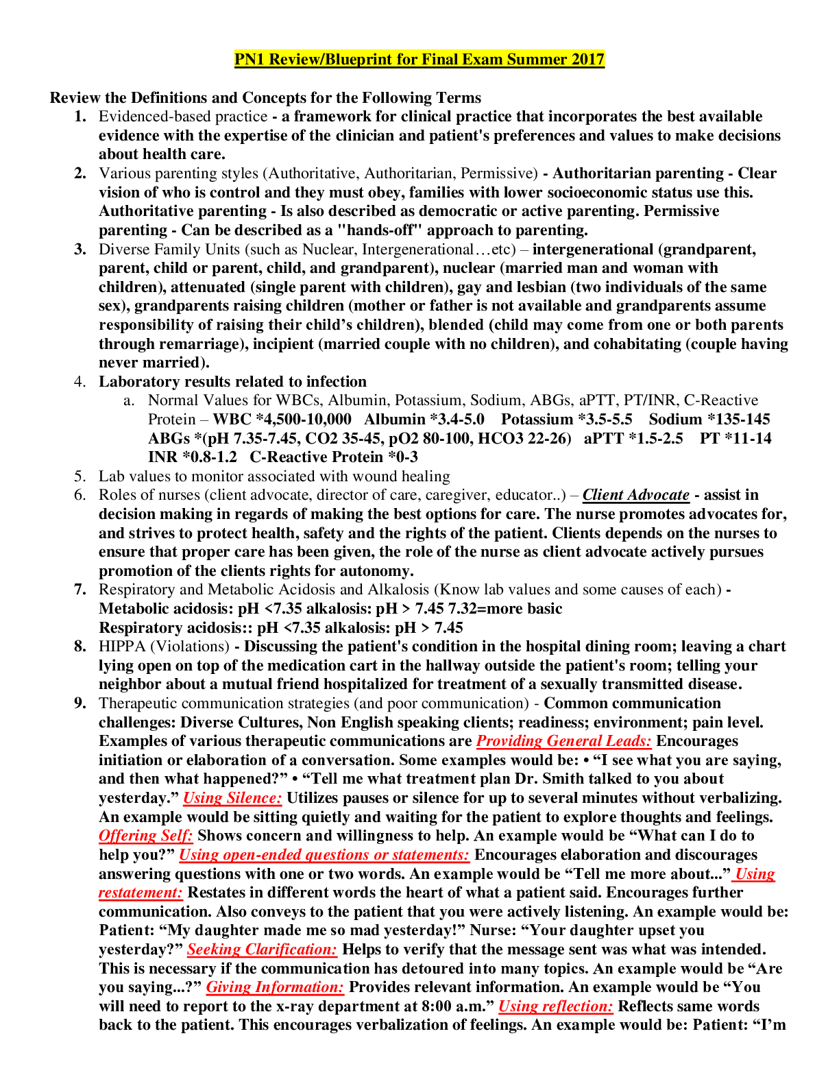 Preview image of PN1 Review/Blueprint for Final Exam Summer 2017 (complete guide) Summary document