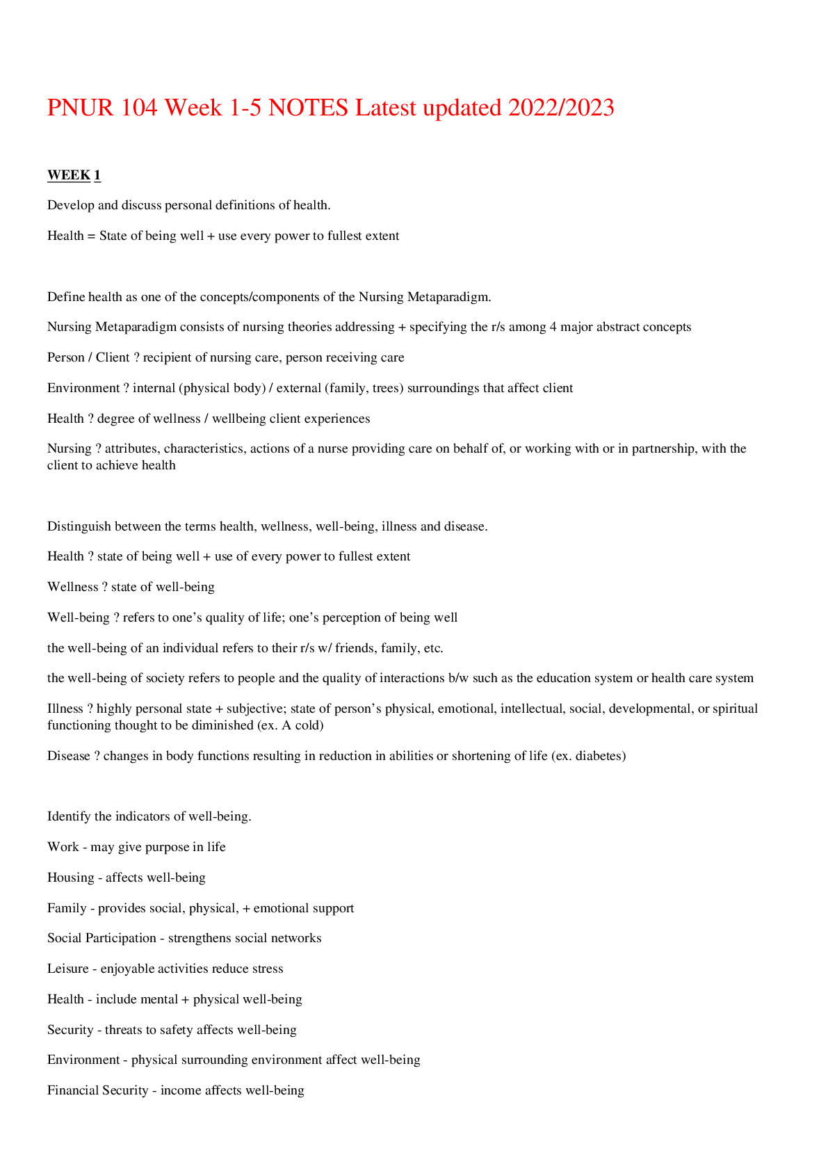 Preview image of PNUR 104 Week 1-5 NOTES Latest updated 2022/2023,100% CORRECT document