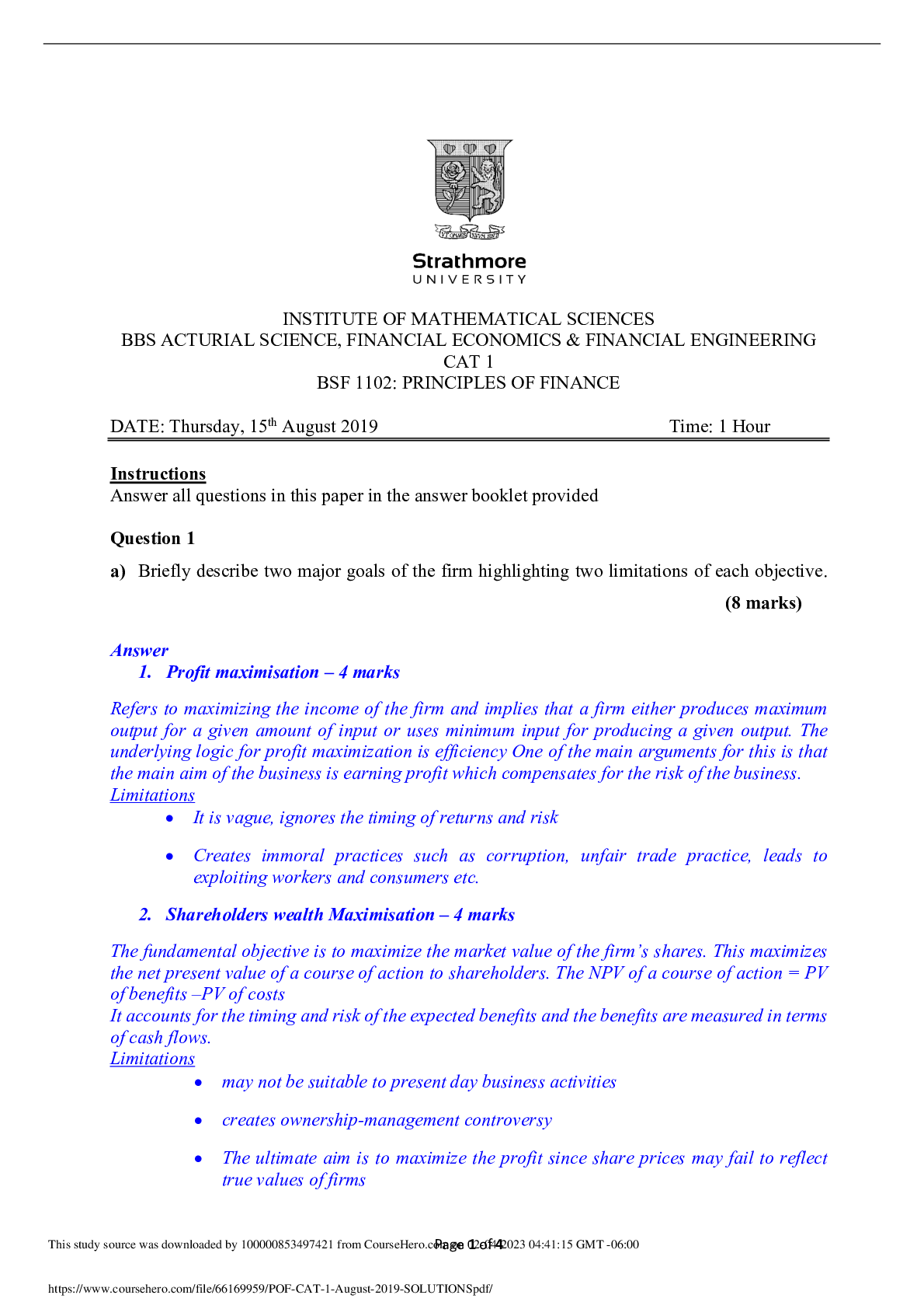 Preview image for POF CAT 1 August 2019 SOLUTIONS.pdf | Download for quality grades |