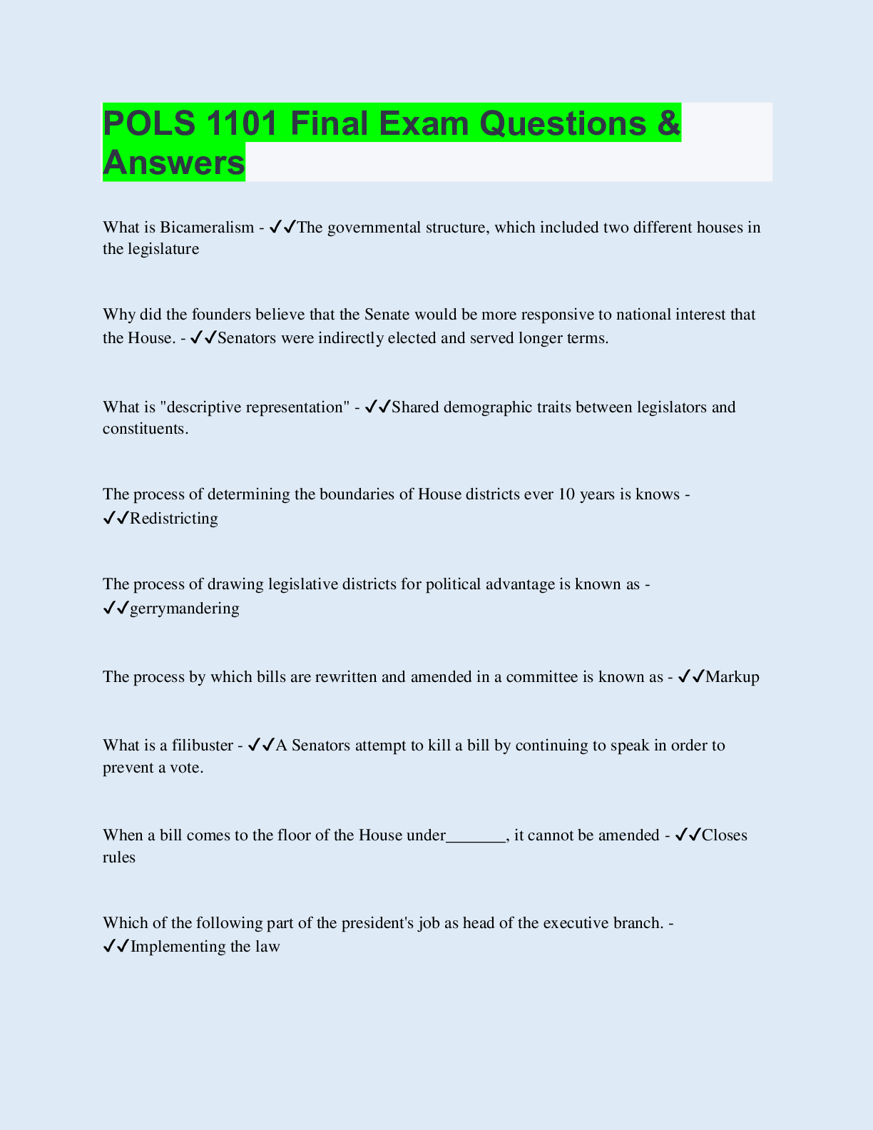 POLS 1101 Final Exam Questions & Answers | 120 Questions with 100% C ...