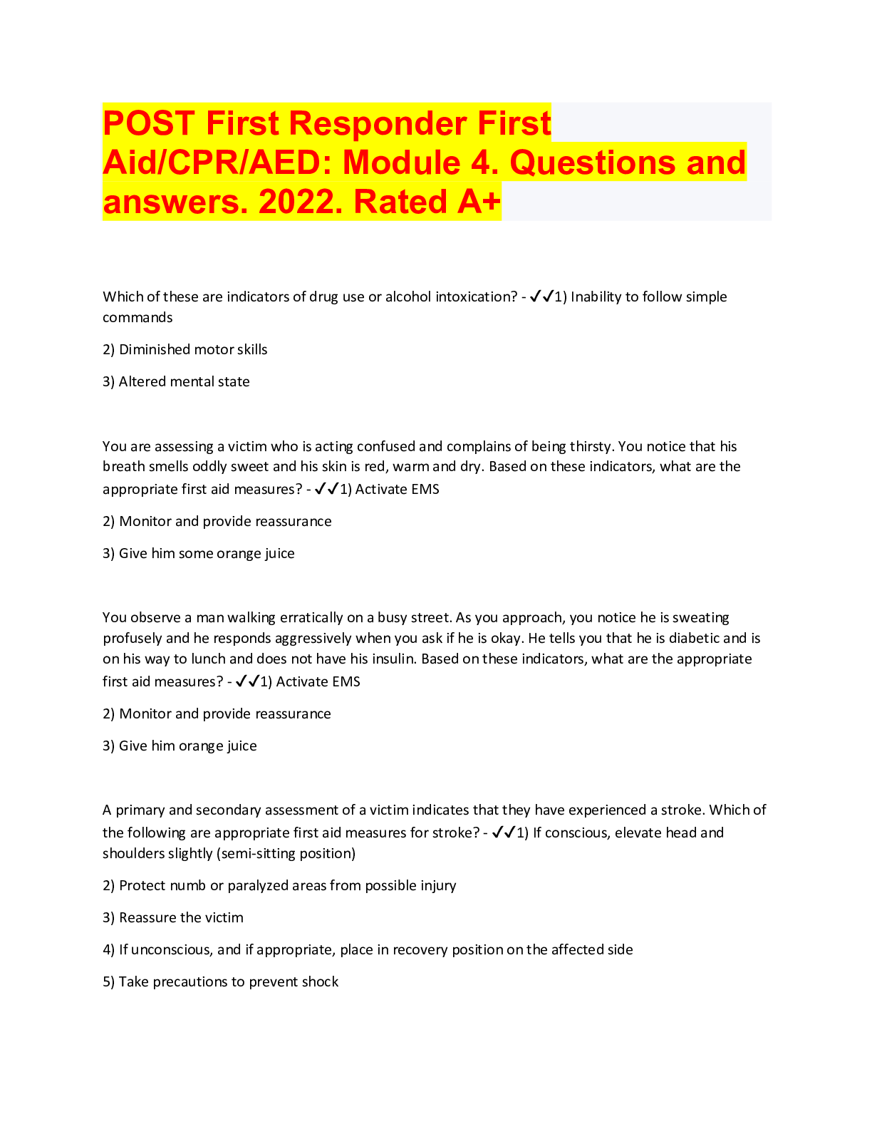 First Aid Module 2 POST First Responder First Aid/CPR/AED: Module 2. Questions with Acc ...