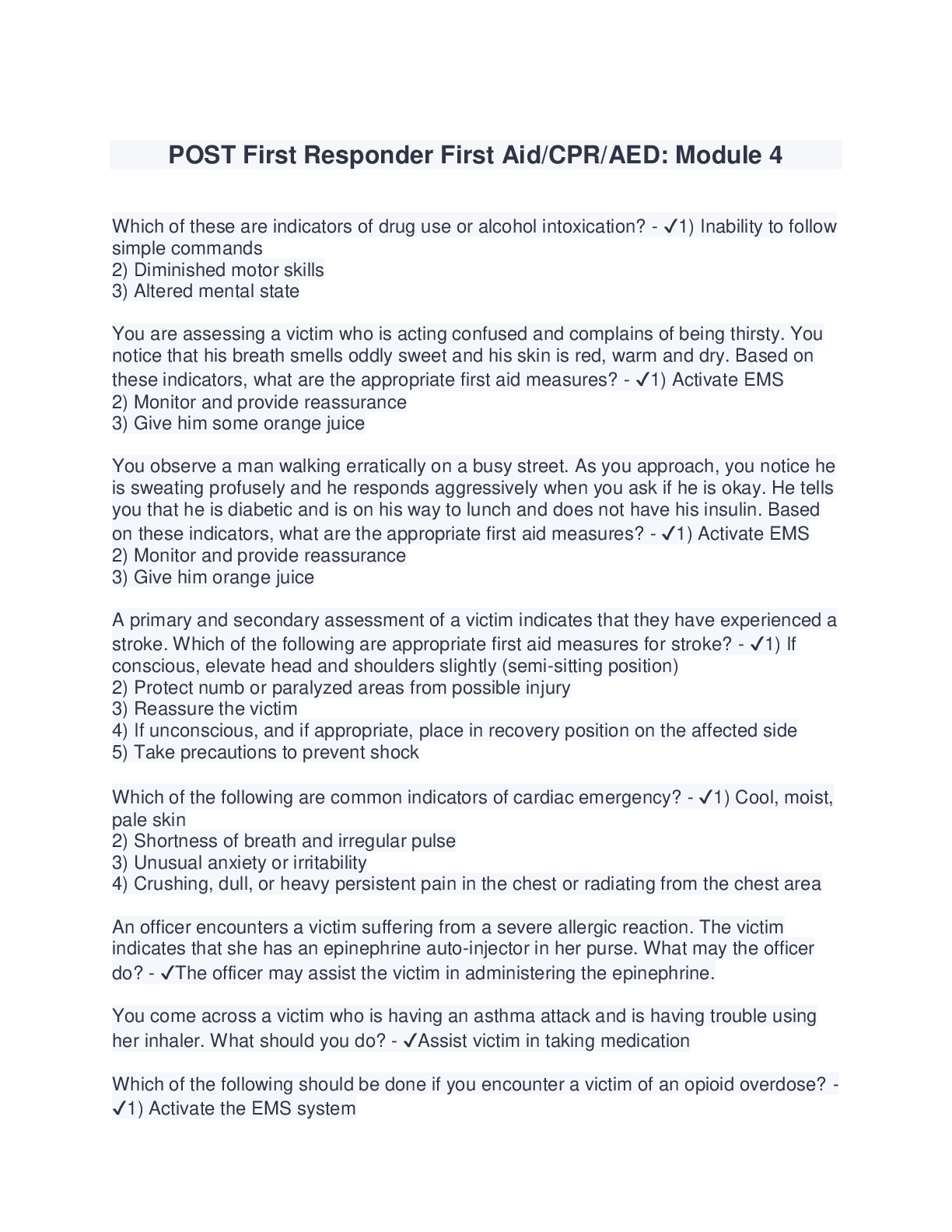 First Aid Module 2 POST First Responder First Aid/CPR/AED: Module 2. Questions with Acc ...