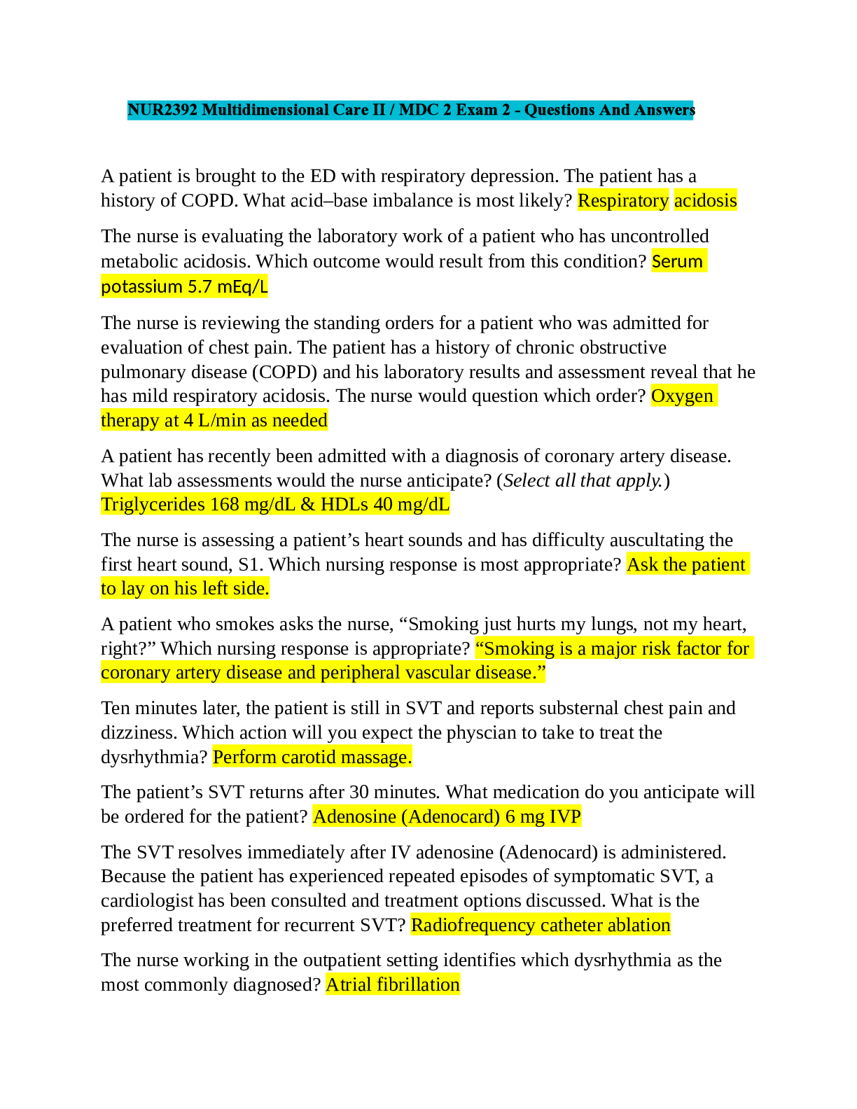 Preview image for NUR2392 Multidimensional Care II / MDC 2 Exam 2 - Questions And Answers