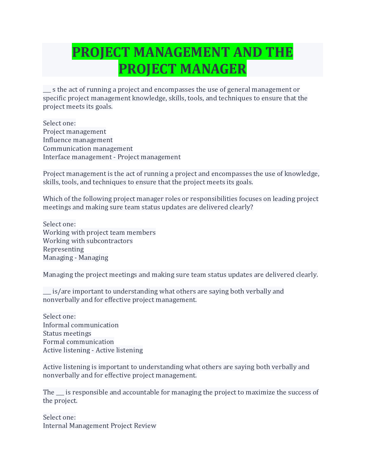 PROJECT MANAGEMENT AND THE PROJECT MANAGER QUESTIONS AND ANSWERS ...