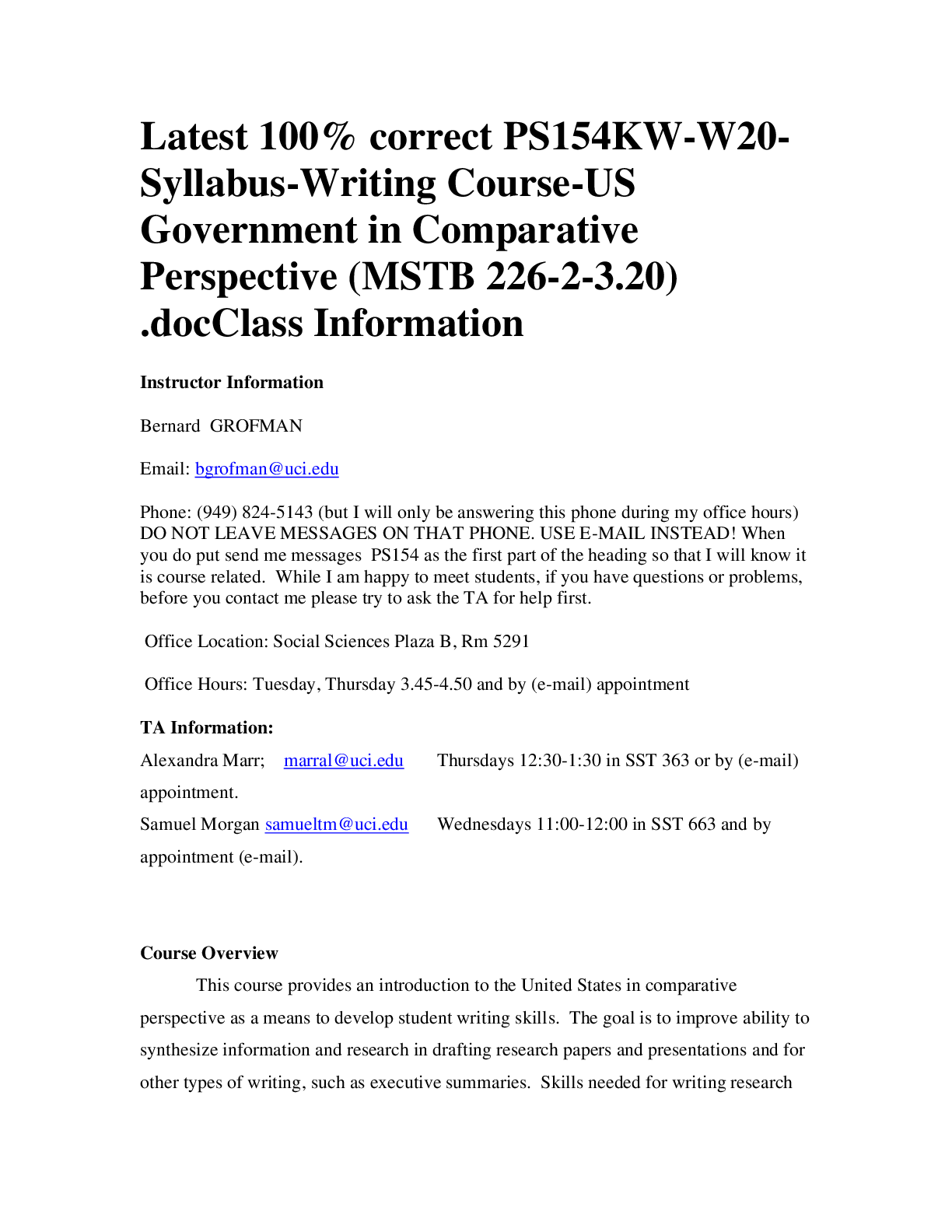 Preview image for Latest 100% correct PS154KW-W20- Syllabus-Writing Course-US Government in Comparative Perspective (MSTB 226-2-3.20) .docClass Informatio