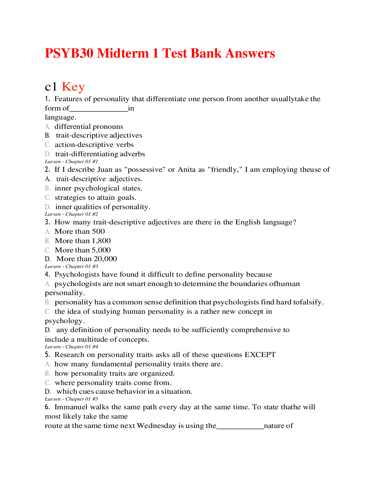 PSYB30 Midterm 1 Test Bank Answers - Scholarfriends