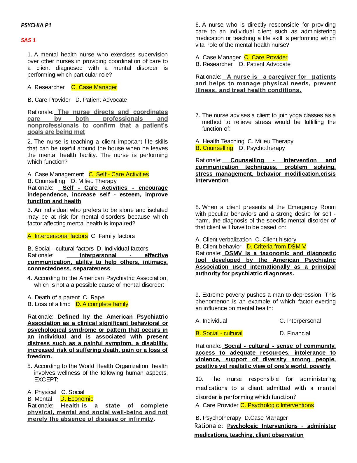 Preview image for PSYCHIA P1 SAS 1-15 Exam Questions and Correct Answers (Complete Solution) Graded A+