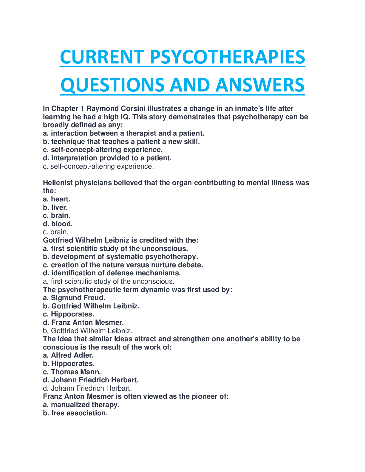Preview image of CURRENT PSYCOTHERAPIES MULTIPLE QUESTIONS AND ANSWERS COMPLETE LATEST GUIDE SOLUTION. document