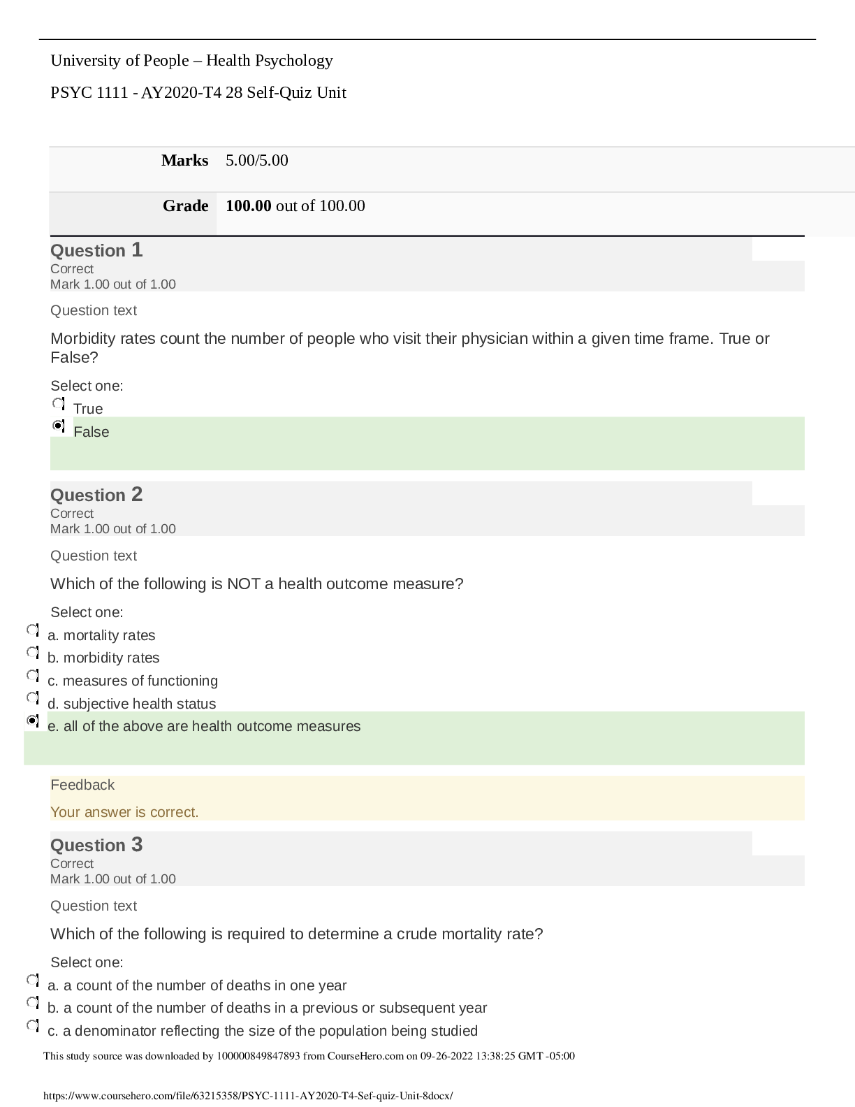 Preview image for University of the People PSYCHOLOGY PSYC 1111   Health Psychology AY2020-T4 Sef quiz Unit 8. Grade 100.00 out of 100.00