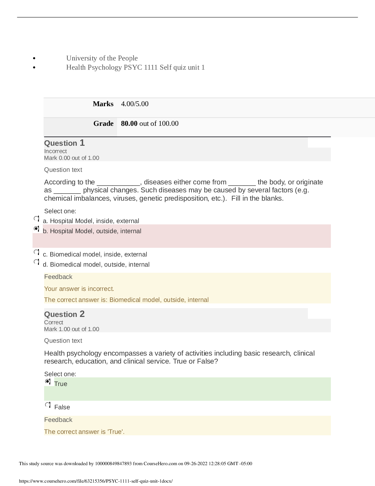 Preview image for University of the People PSYCHOLOGY PSYC 1111  self quiz unit 1. Grade 80.00 out of 100.00