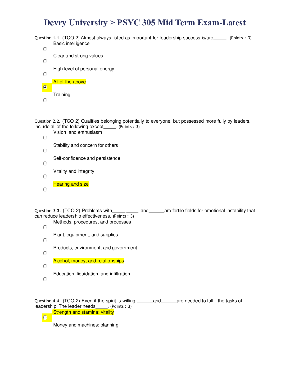 Preview image for Devry University > PSYC 305 Mid Term Exam-Latest