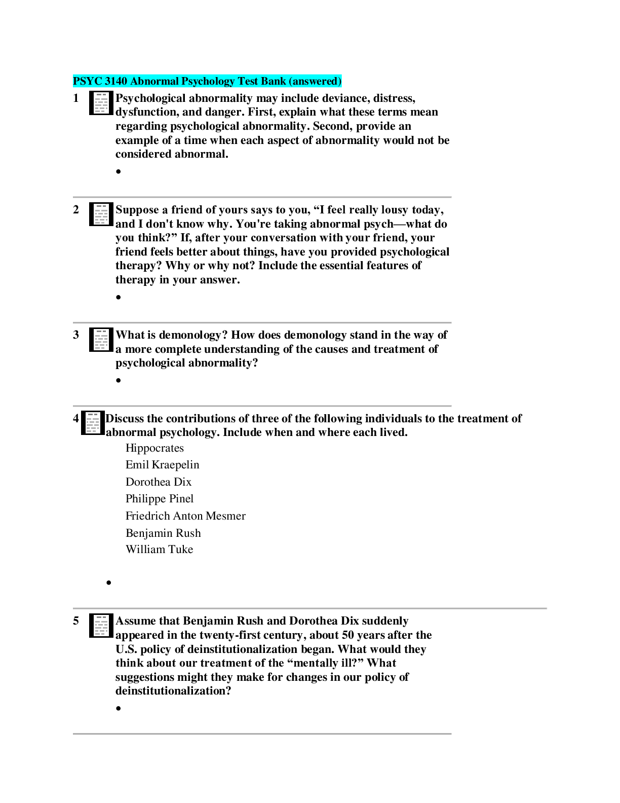 Preview image for Abnormal Psychology 8th Edition Comer Test Bank/ PSYC 3140 Abnormal Psychology Test Bank (answered)
