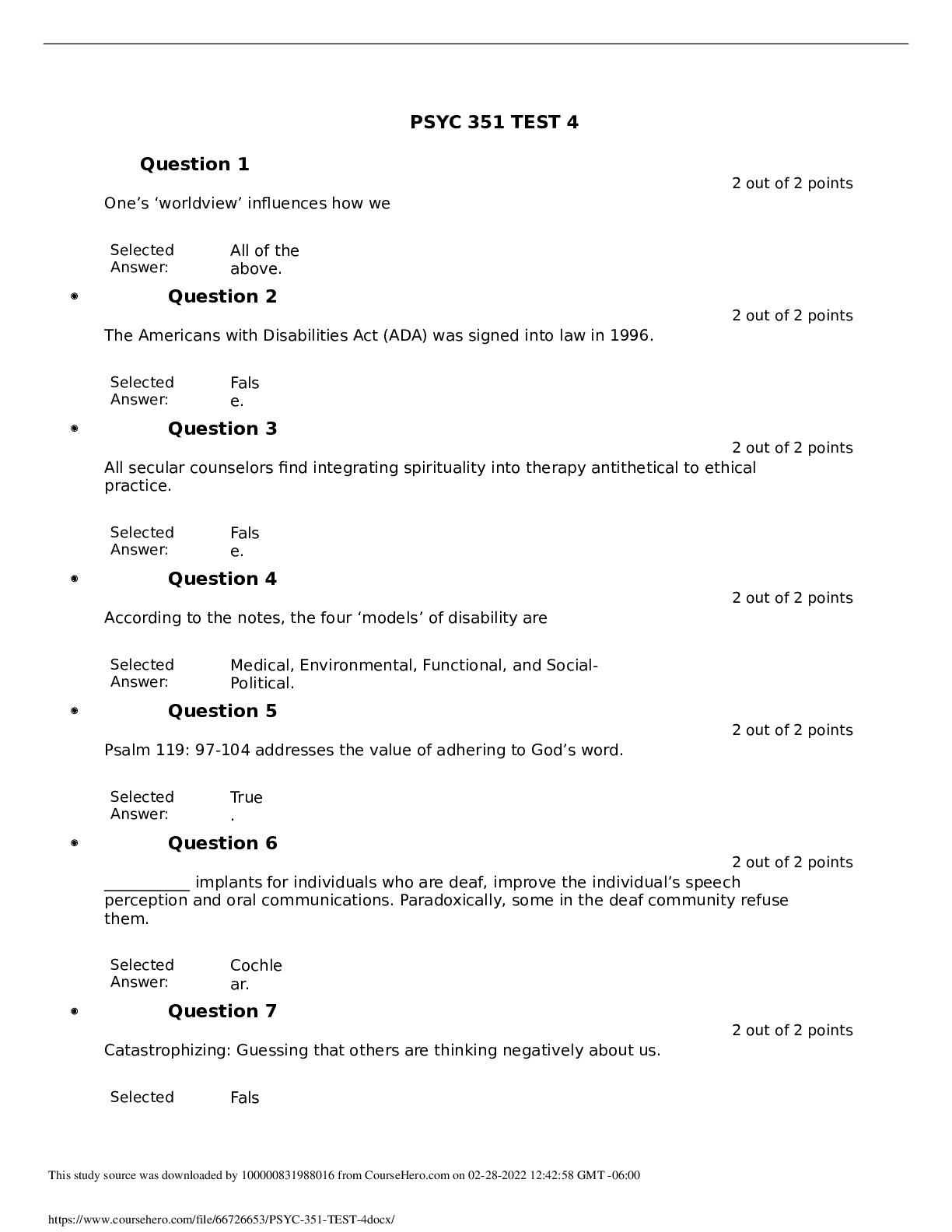 Preview of LIBERTY UNIVERSITY PSYC 351 TEST 4 Questions and Answers Rated A