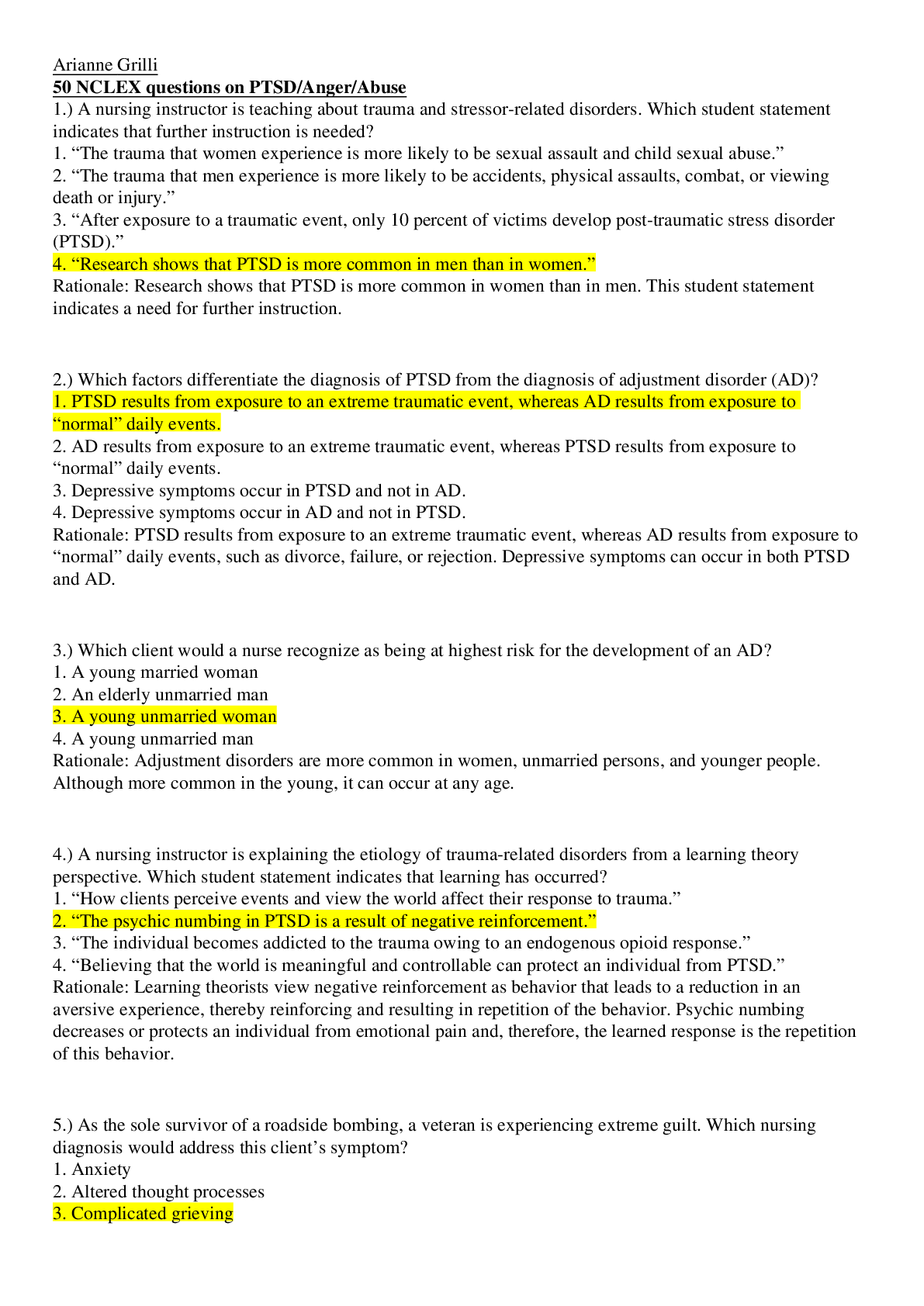 Preview image of NURS 420 PTSD anger abuse NCLEX,100% CORRECT document