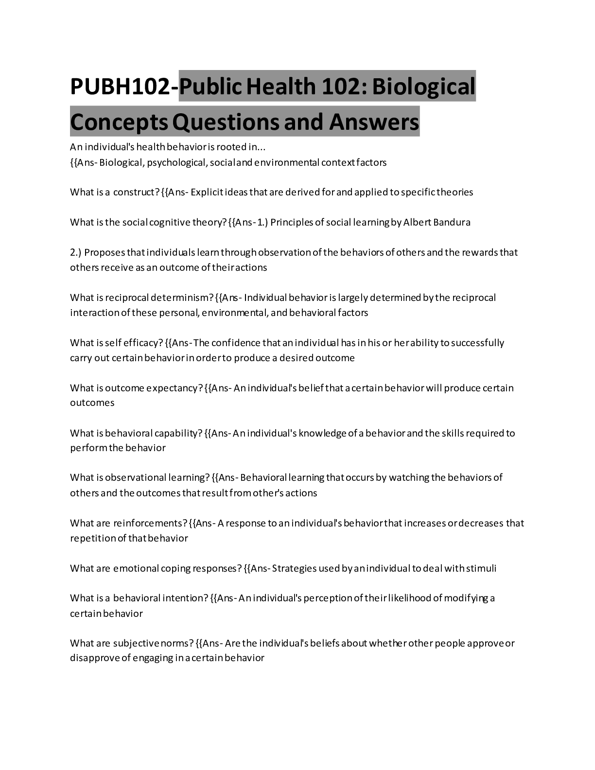 Preview image for PUBH102-Public Health 102: Biological Concepts Questions and Answers
