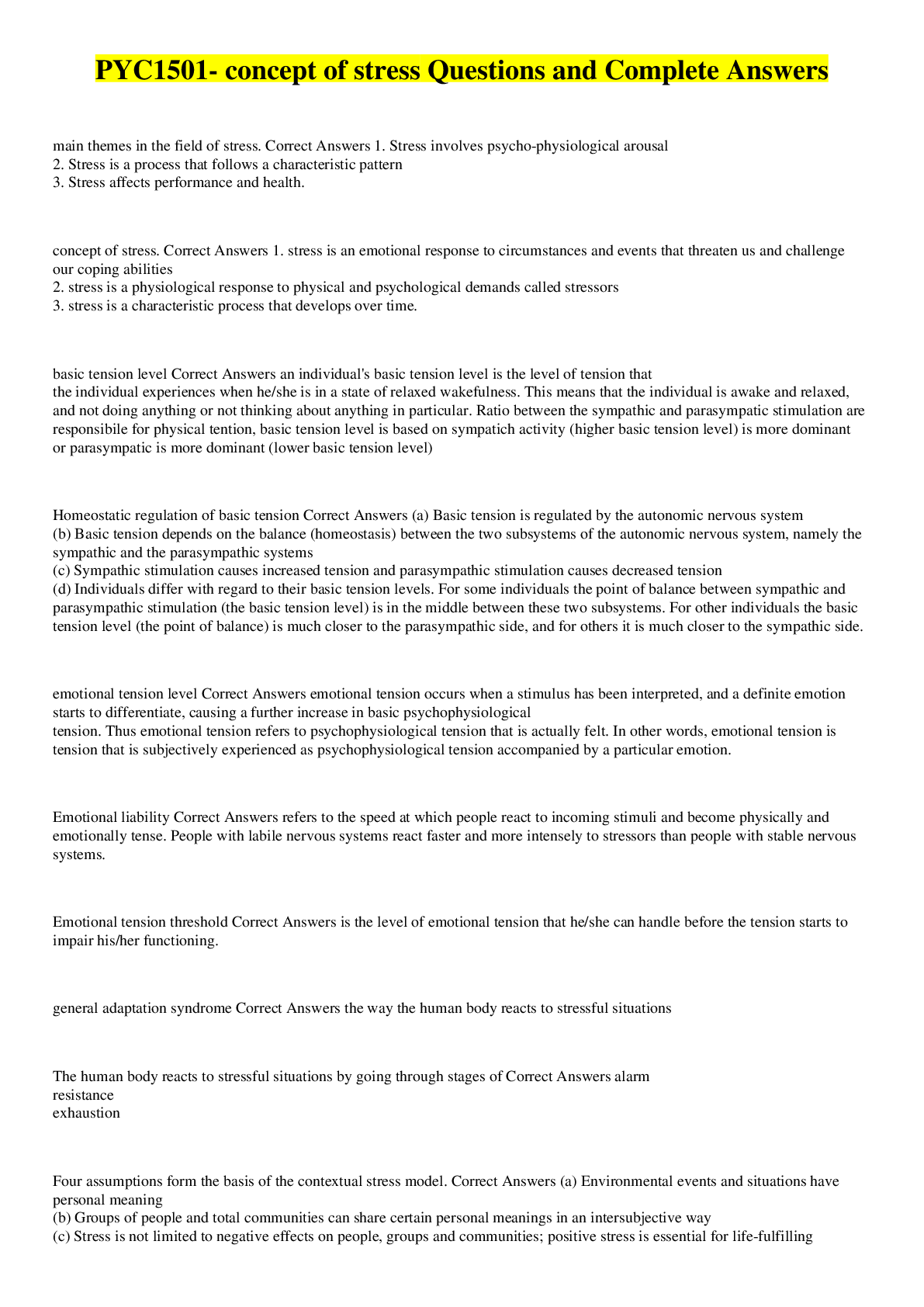 Preview image for PYC1501- concept of stress Questions and Complete Answers