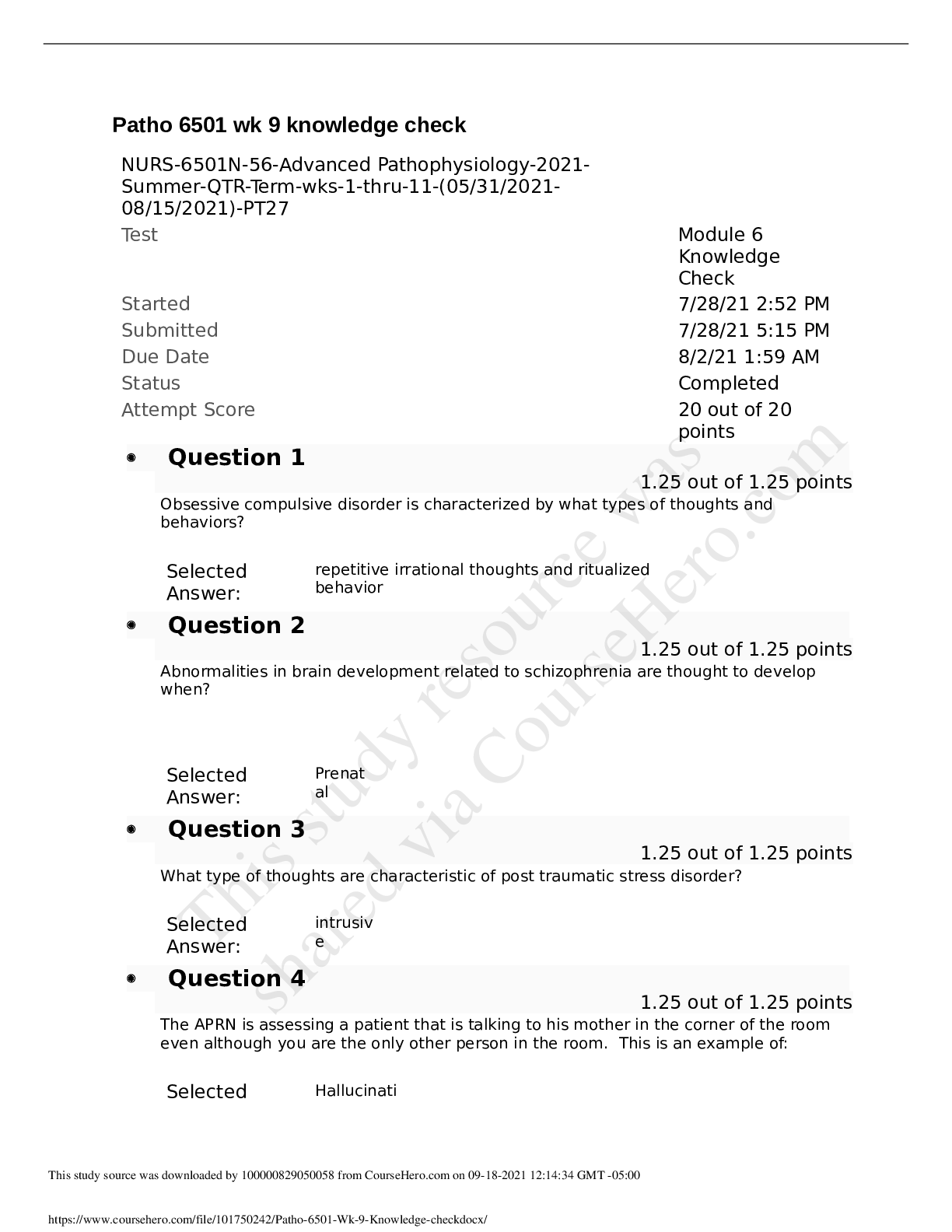 Preview of Patho 6501 wk 9 knowledge check  NURS-6501N-56-Advanced Pathophysiology-2021- Summer-QTR-T