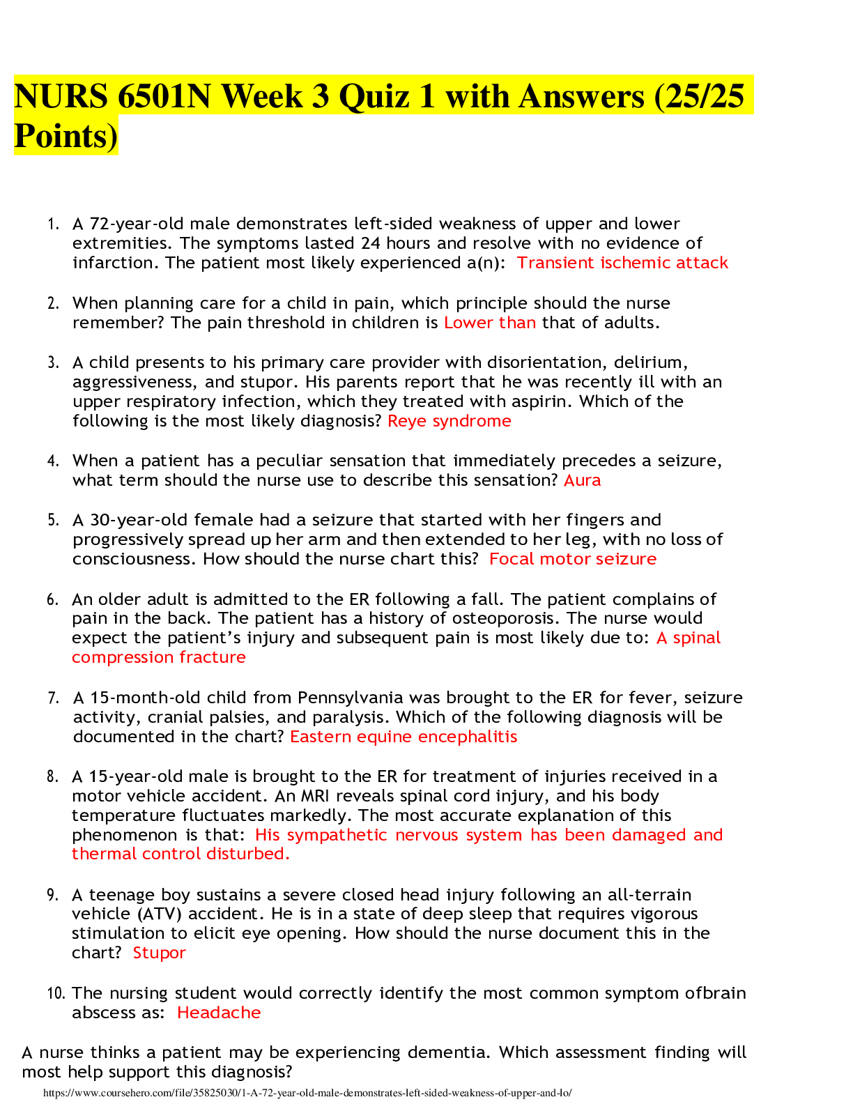 Preview image for NURS 6501N Week 3 Quiz 1 with Answers (25/25 Points)/Download to get A