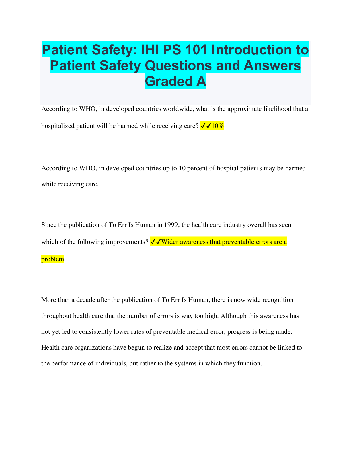 Patient Safety: IHI PS 101 Introduction to Patient Safety Questions and ...