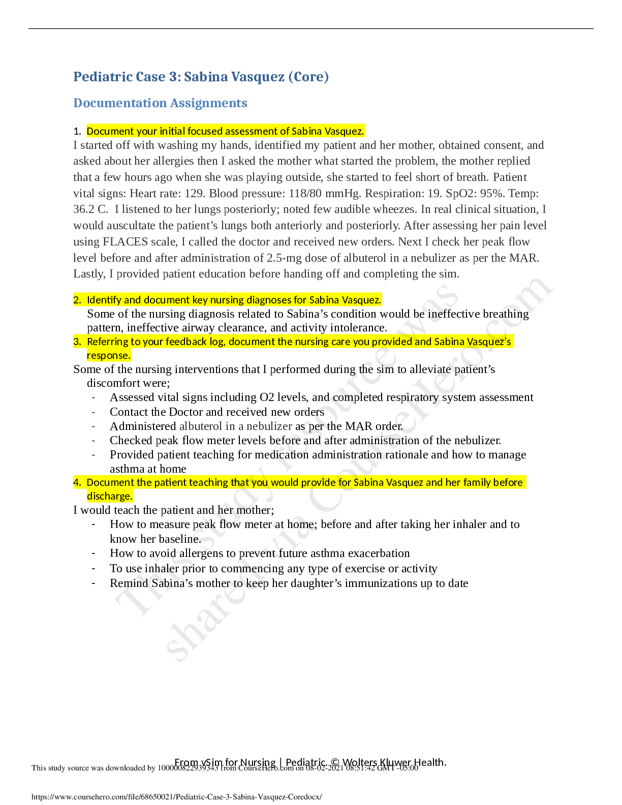 Preview image of Pediatric Case 3: Sabina Vasquez (Core) Documentation Assignments document