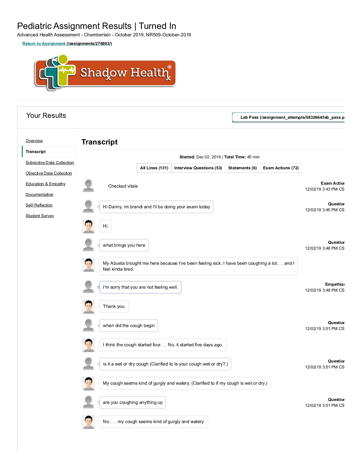 Preview of Chamberlain College of Nursing - NR 509Pediatric Shadow Health _ DR_Transcript. Has an A s
