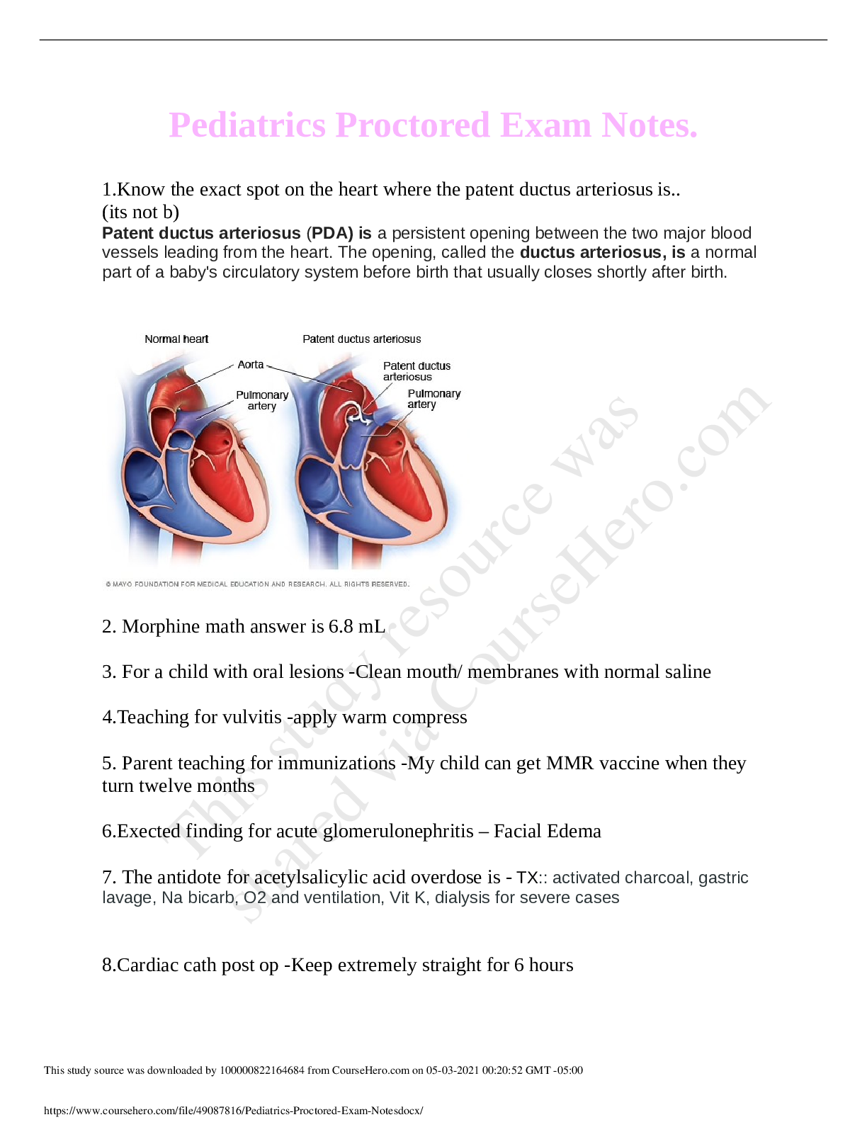 Preview image of NURSING 202 Pediatrics Proctored Exam Notes. document