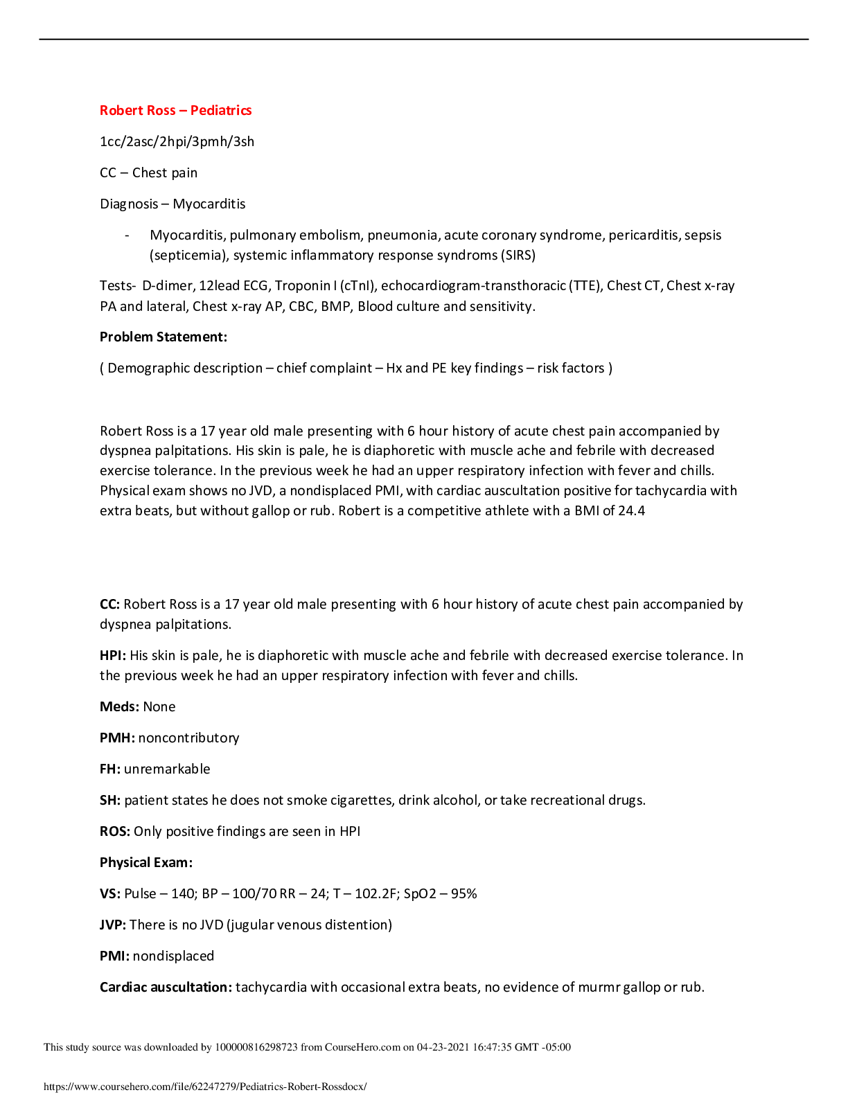 Preview image for NURS MISC Robert Ross – Pediatrics ,Chest pain