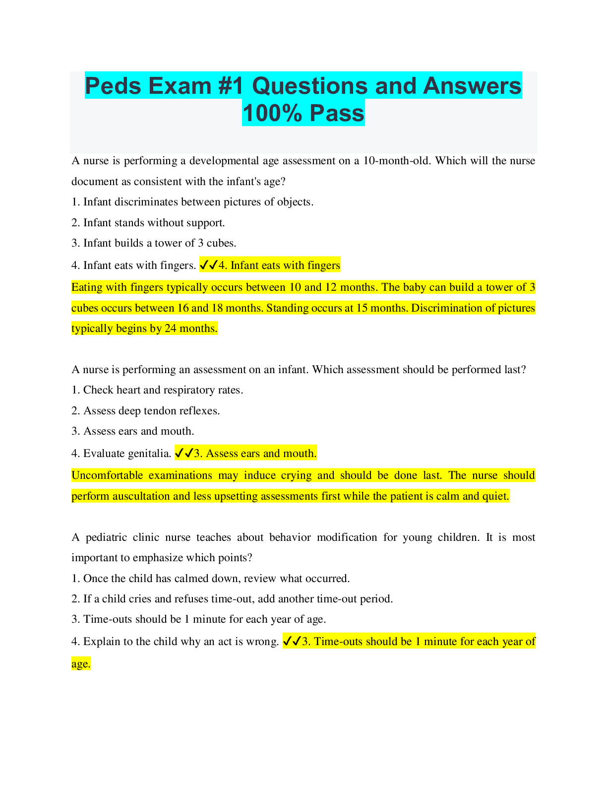Peds Exam #1 Questions and Answers 100% Pass – Scholarfriends ...