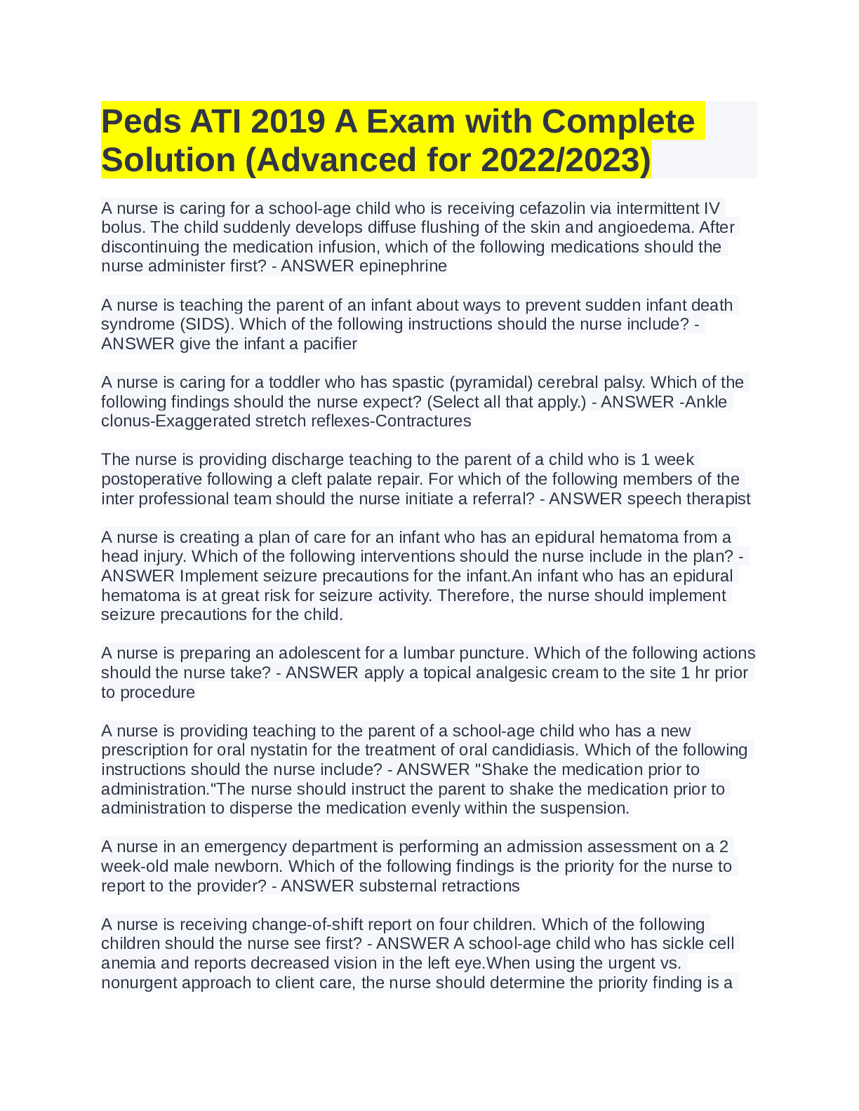 Preview image for ATI PEDS 2019 A: Questions & Answers: Latest Updated A+ Guide