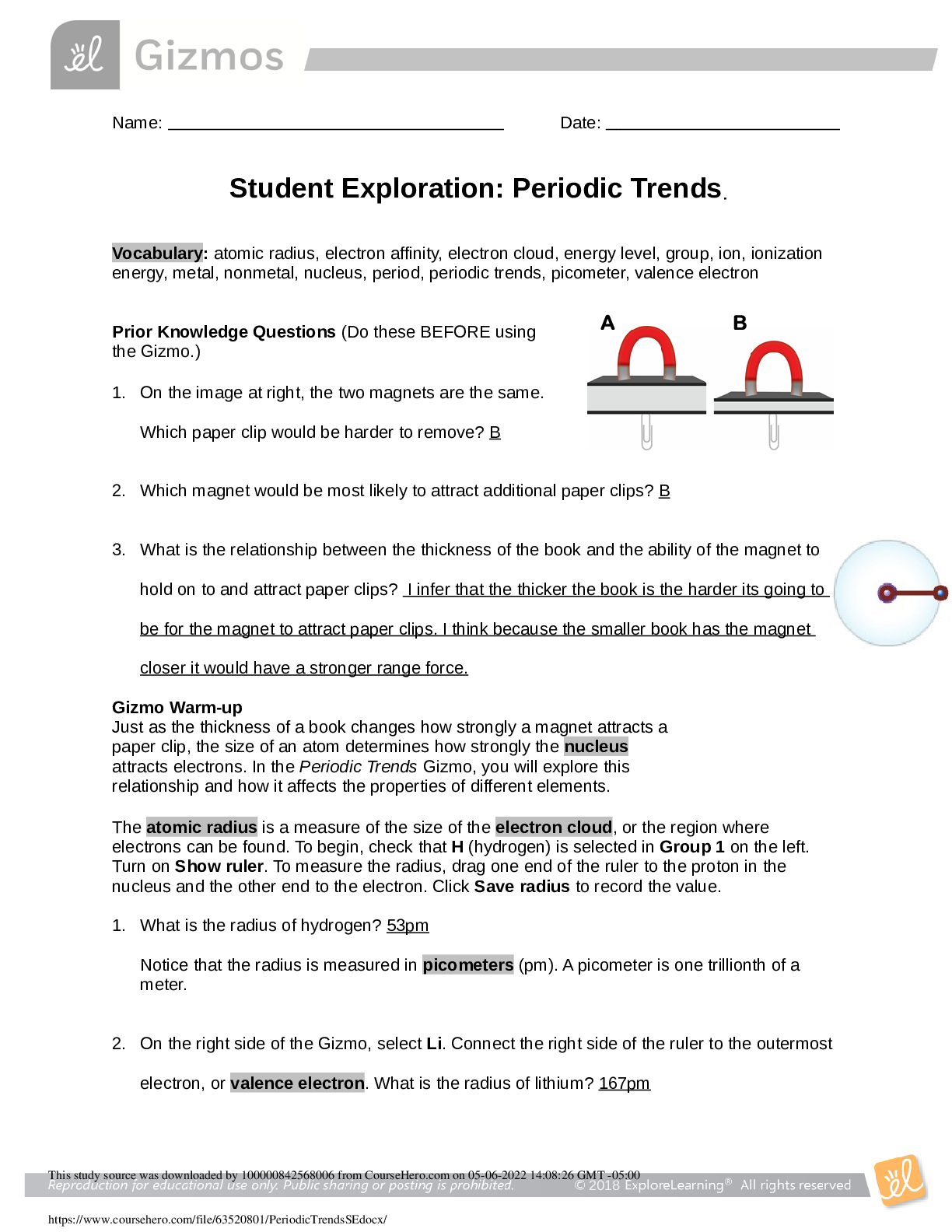 Preview image of Student Exploration: Periodic Trends document