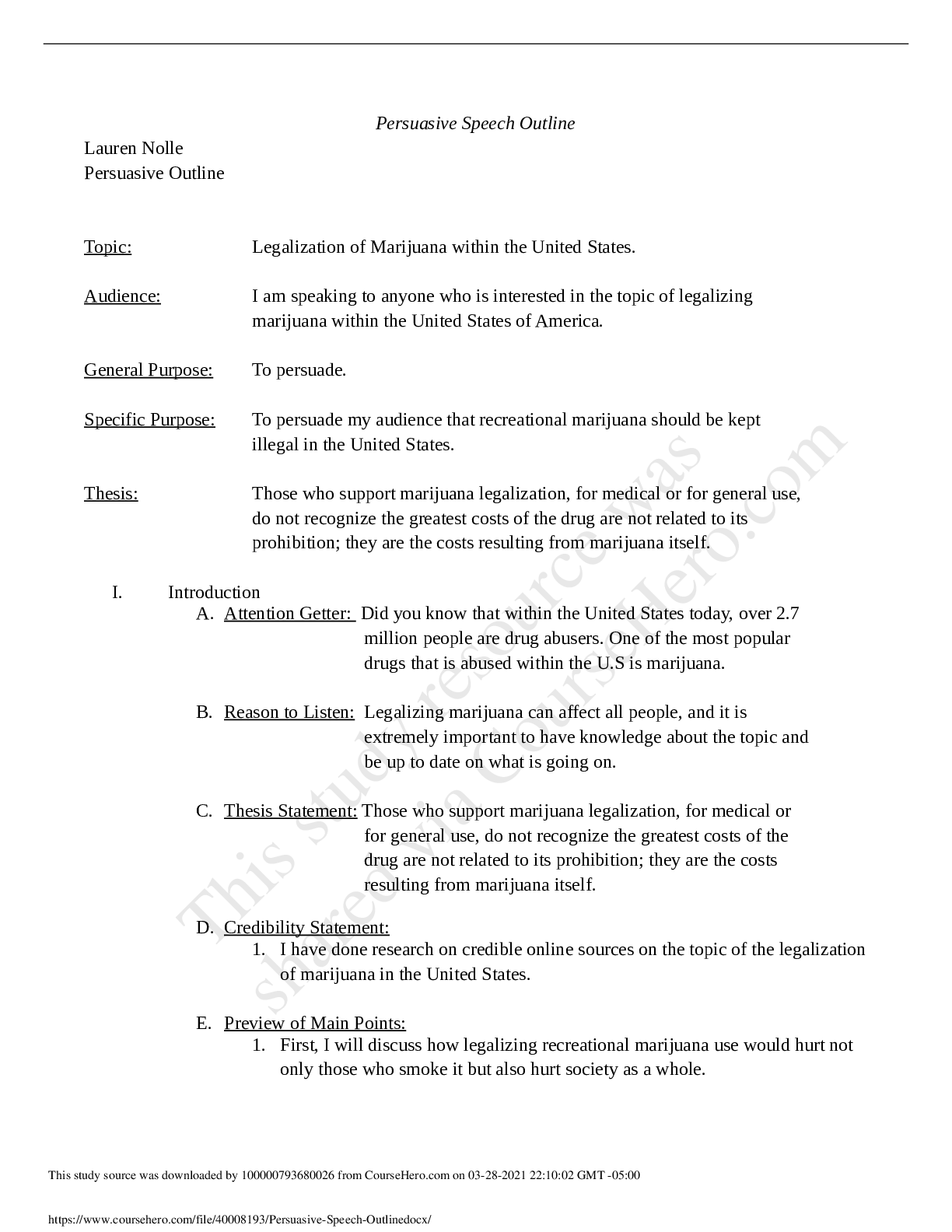 Preview of Maryville University - SPEECH 110Persuasive Speech Outline
