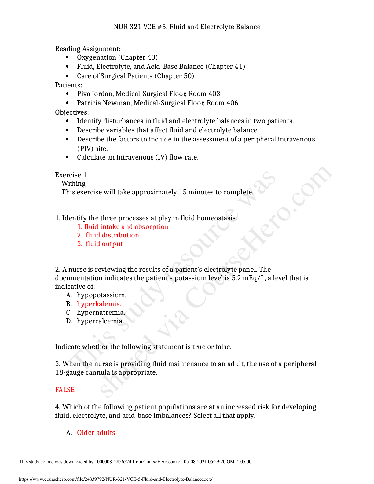 Recommended document preview for NUR 321 VCE #5 Fluid and Electrolyte Balance QUESTIONS AND ANSWERS 100% CORRECT BEST STUDY GUIDE