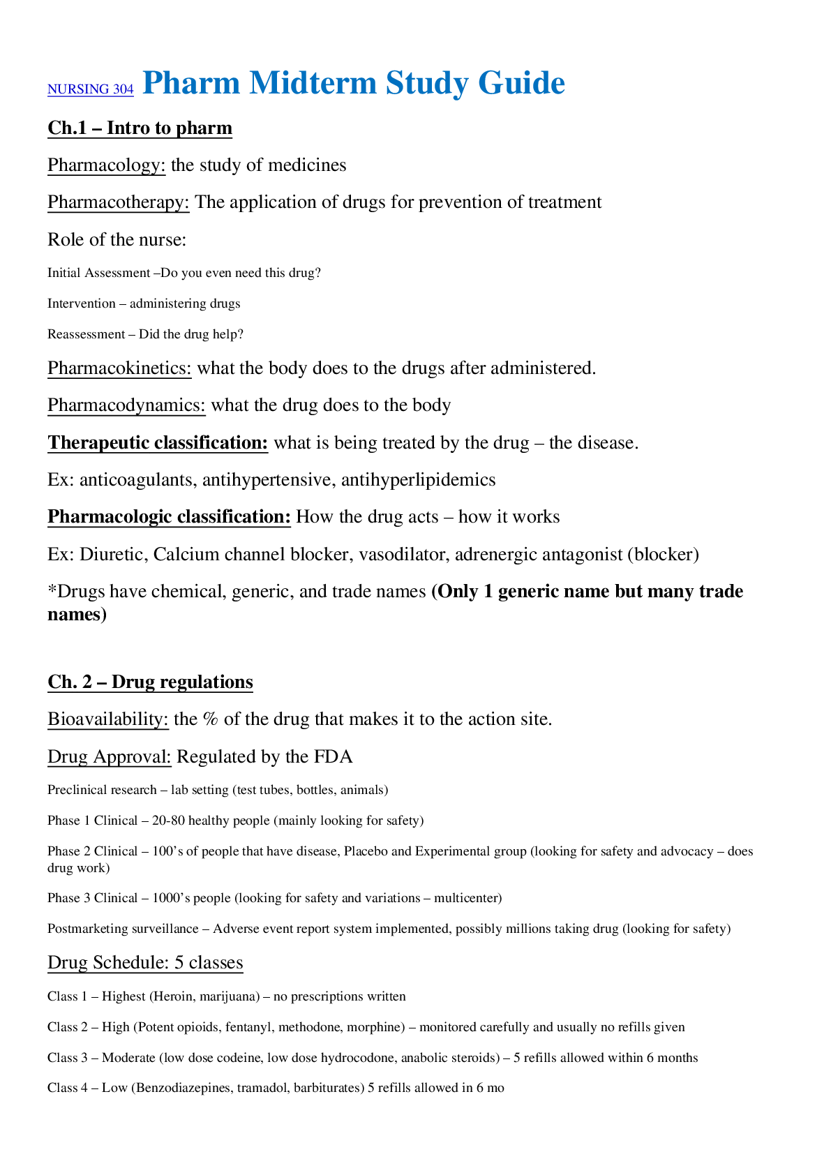 Preview image of NURSING 304 Pharm Midterm Study Guide ,100% CORRECT document