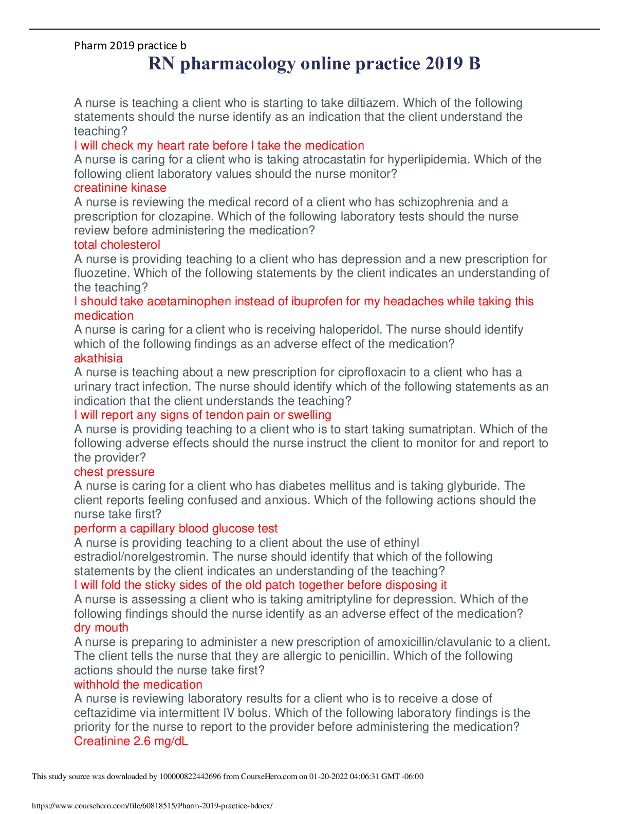 Preview image for RN pharmacology online practice 2019 B (retake 2022)