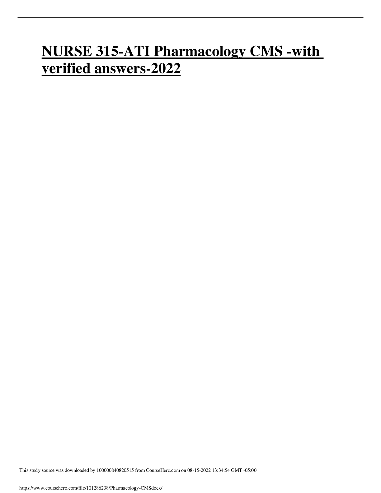 Preview image for NURSE 315-ATI Pharmacology CMS -with verified answers-2022