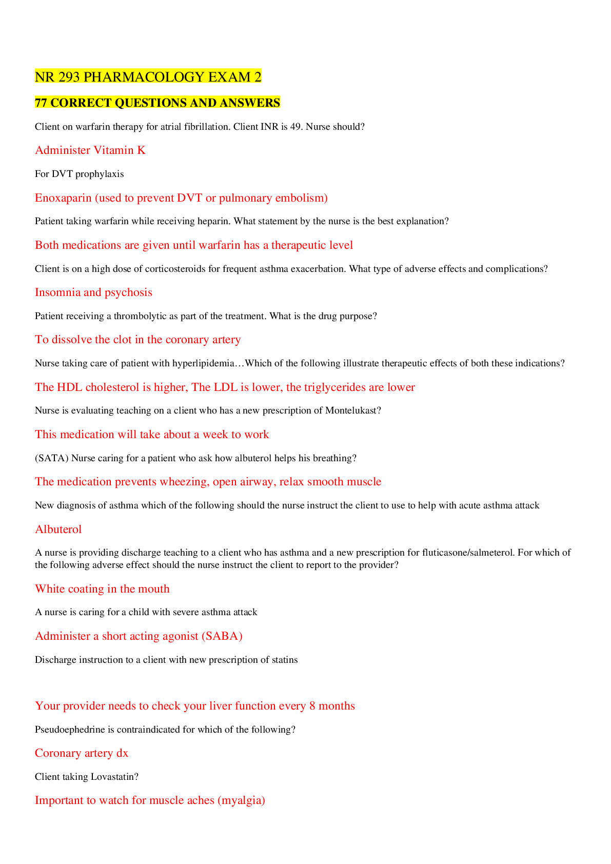 Preview image for NR 293 PHARMACOLOGY EXAM 2 77 CORRECT QUESTIONS AND ANSWERS