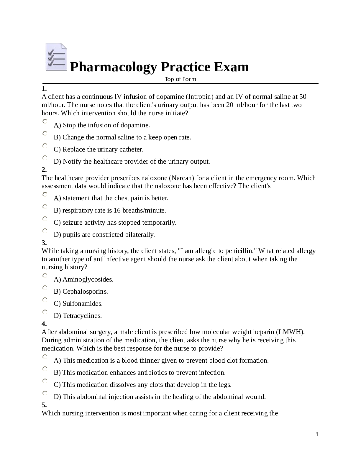Preview image of Pharmacology Practice Exam document