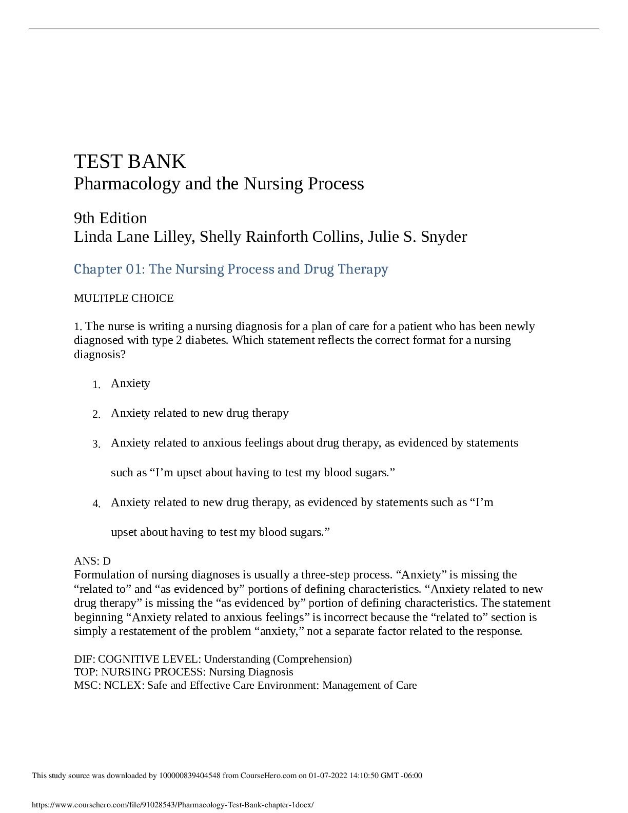 Preview image for TEST BANK Pharmacology and the Nursing Process  9th Edition Linda Lane Lilley, Shelly Rainforth Collins, Julie S. Snyder