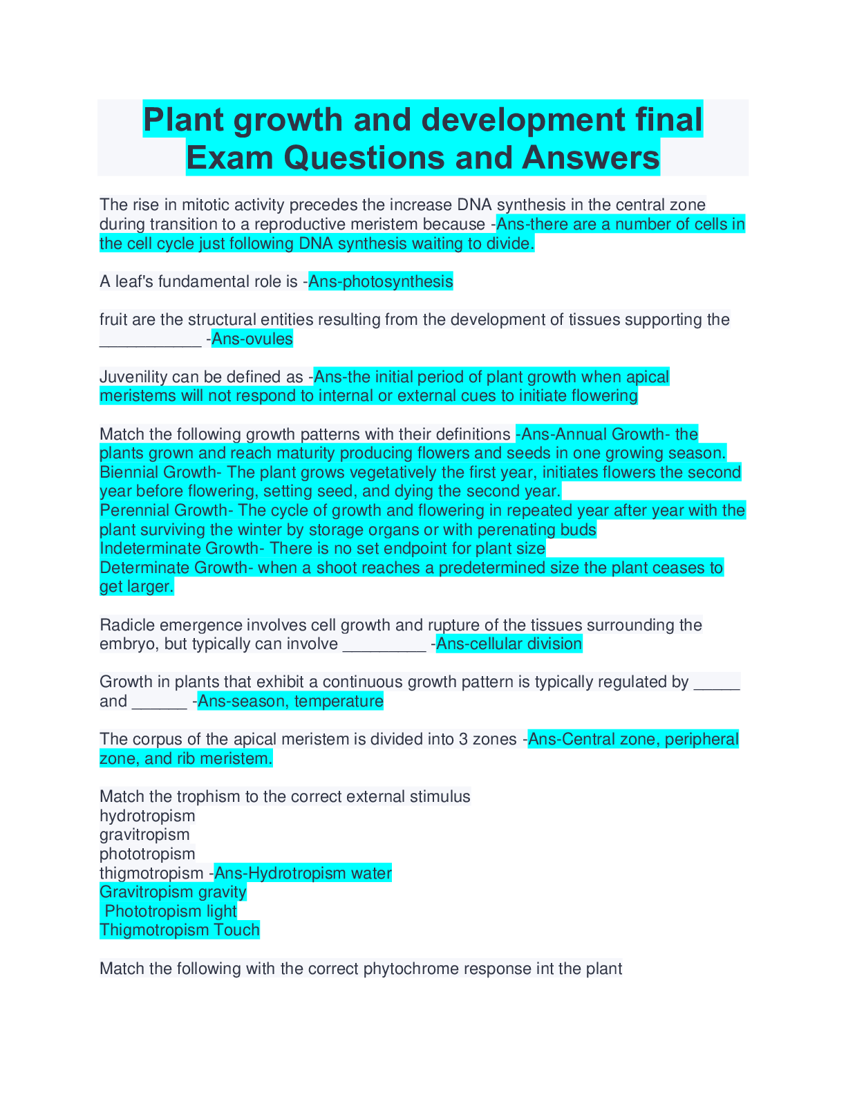 Plant growth and development final Exam Questions and Answers ...