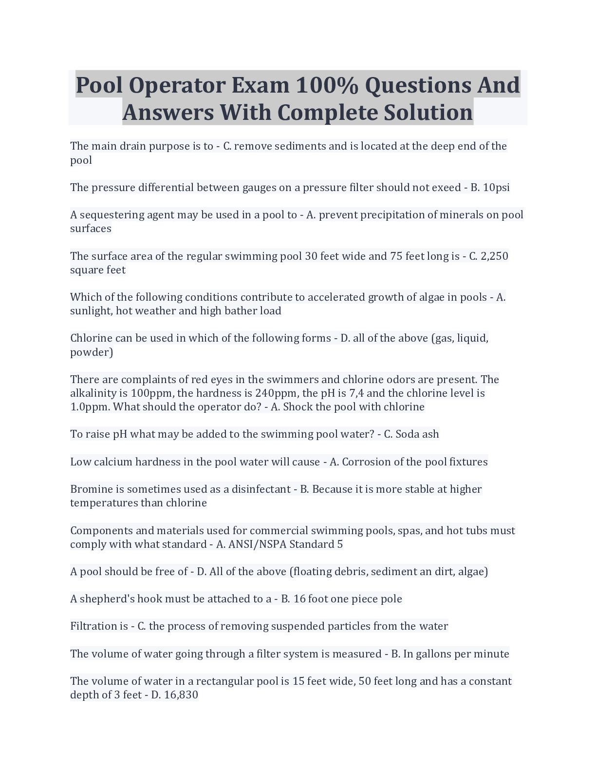 Pool Operator Exam 100% Questions And Answers With Complete Solution ...
