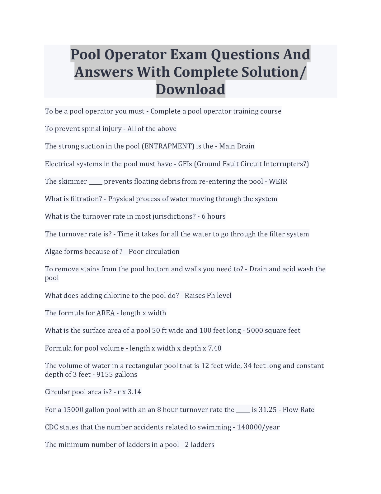 Pool Operator Exam Questions And Answers With Complete Solution/ Dow ...