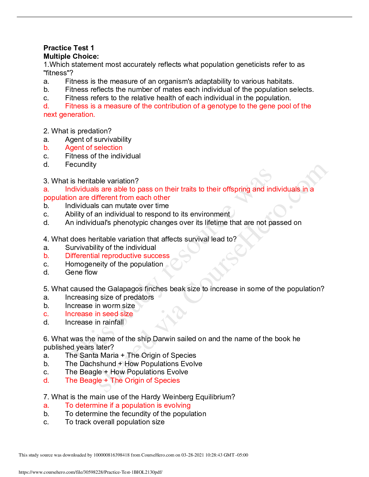 Preview of University of North Carolina, Charlotte - BIOL 2130Practice_Test_1BIOL2130  30 QUESTIONS A