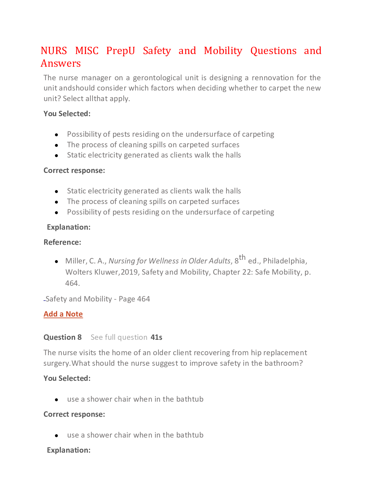 Preview image for NURS MISC PrepU Safety and Mobility Questions and Answers,100% CORRECT