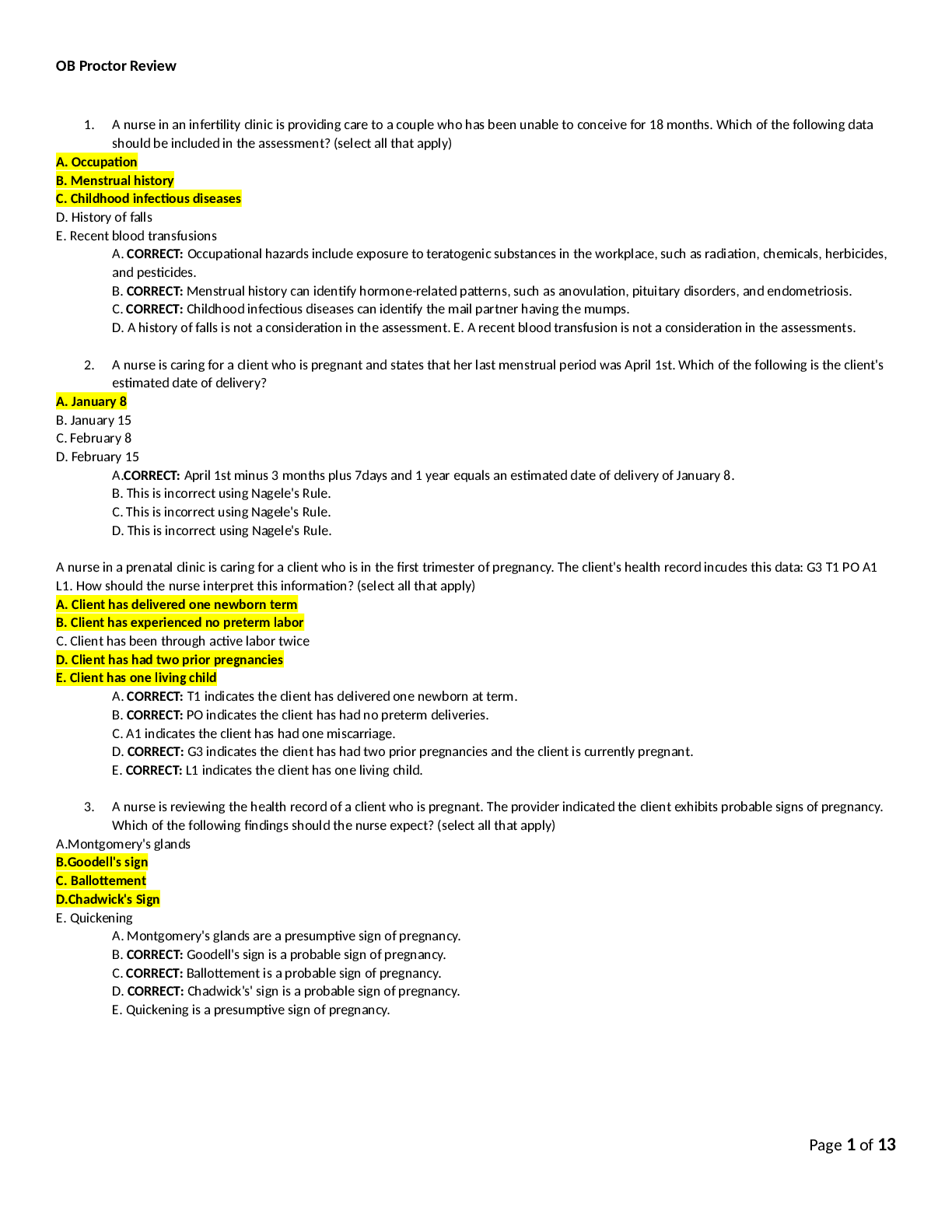 Preview of ATI OB Proctor Review100 VERIFIED practice frequently tested exam questions and answers